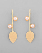 Thumbnail for VOJ Gold-Polished Leaf Shaped with Pearl Studded Earrings - Distacart