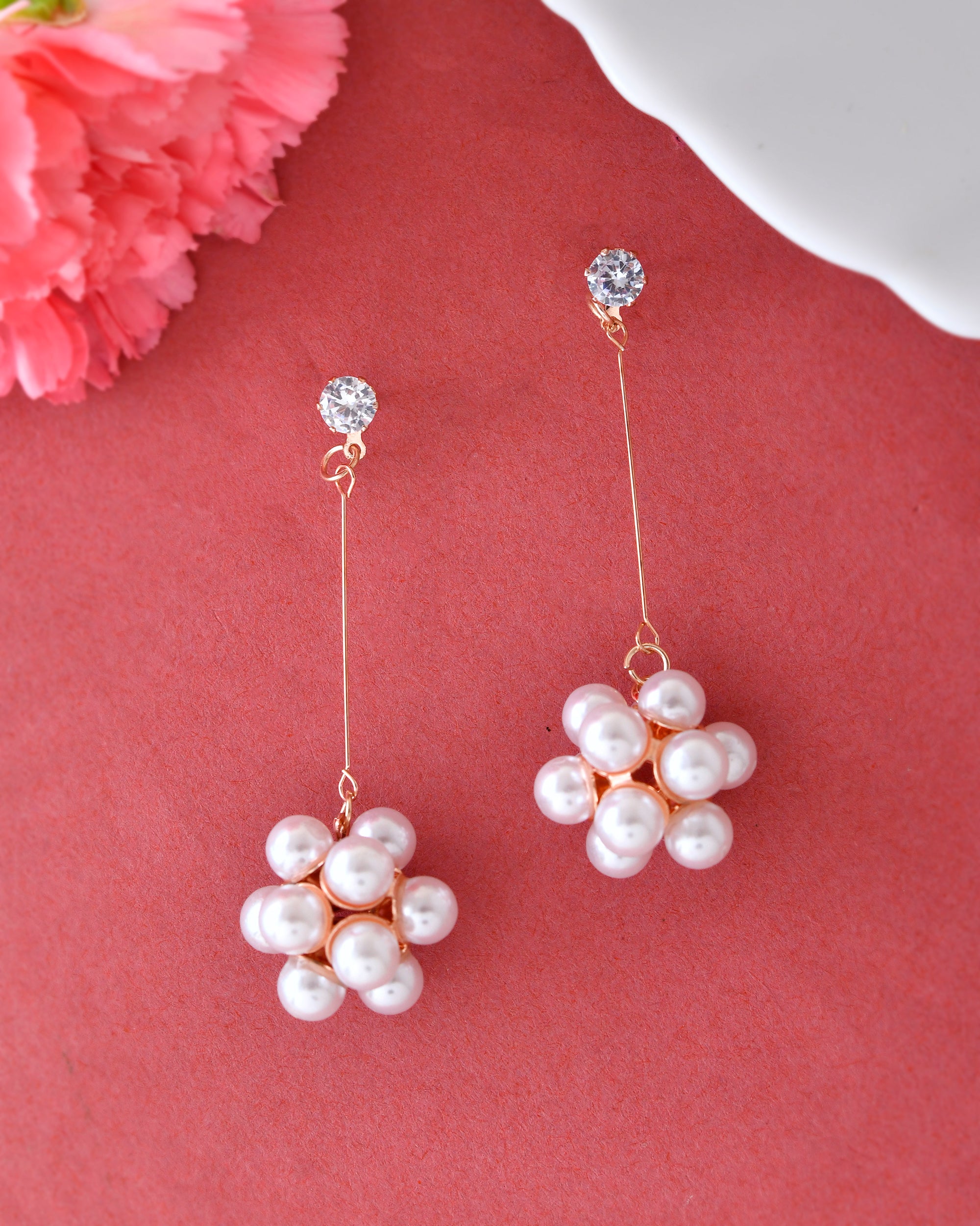 VOJ Rose Gold-Polished Handcrafted Floral Pearl Drop Earrings - Distacart