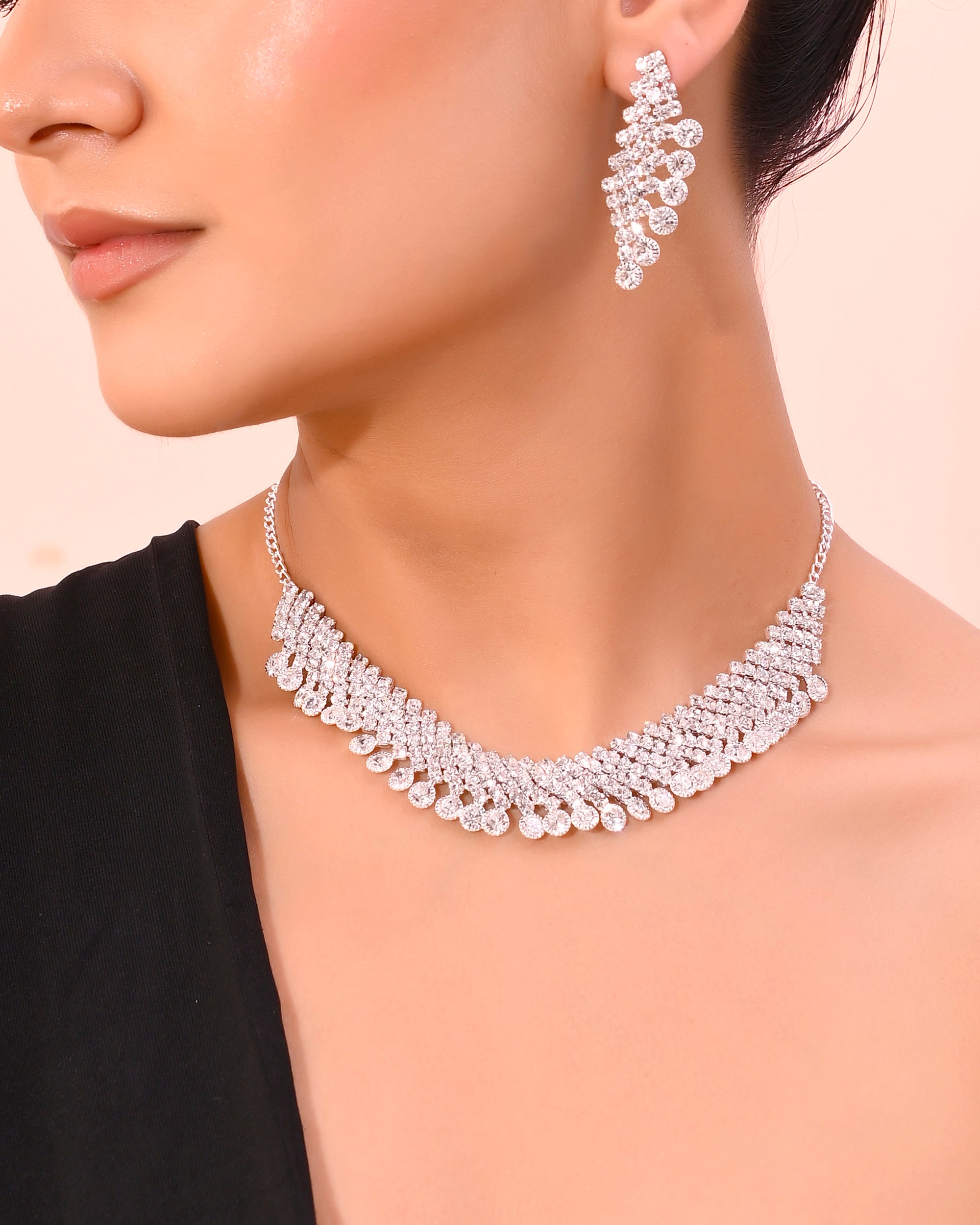 VOJ AD Stone Studded Silver Plated Necklace With Drop Earrings Set - Distacart