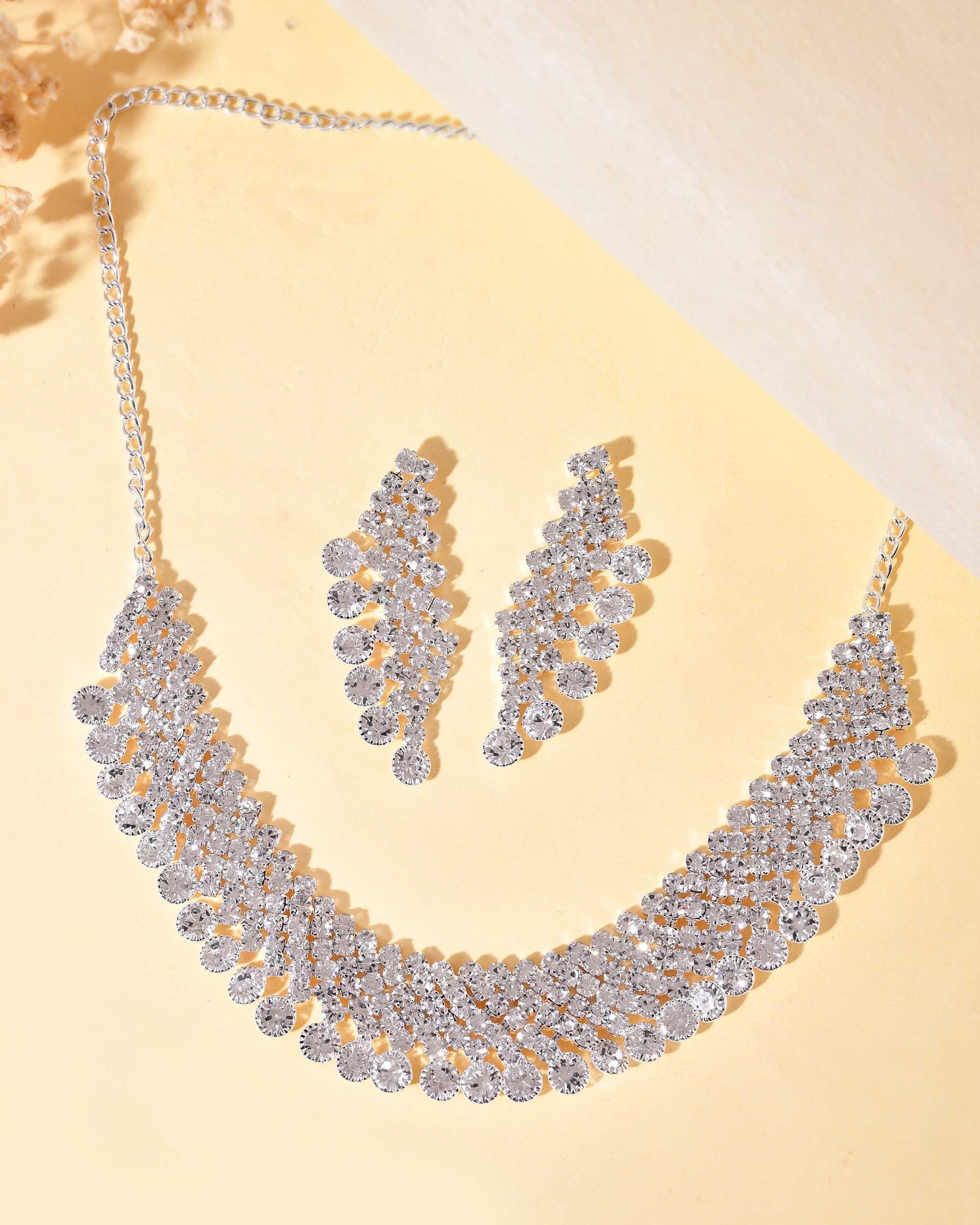 VOJ AD Stone Studded Silver Plated Necklace With Drop Earrings Set - Distacart