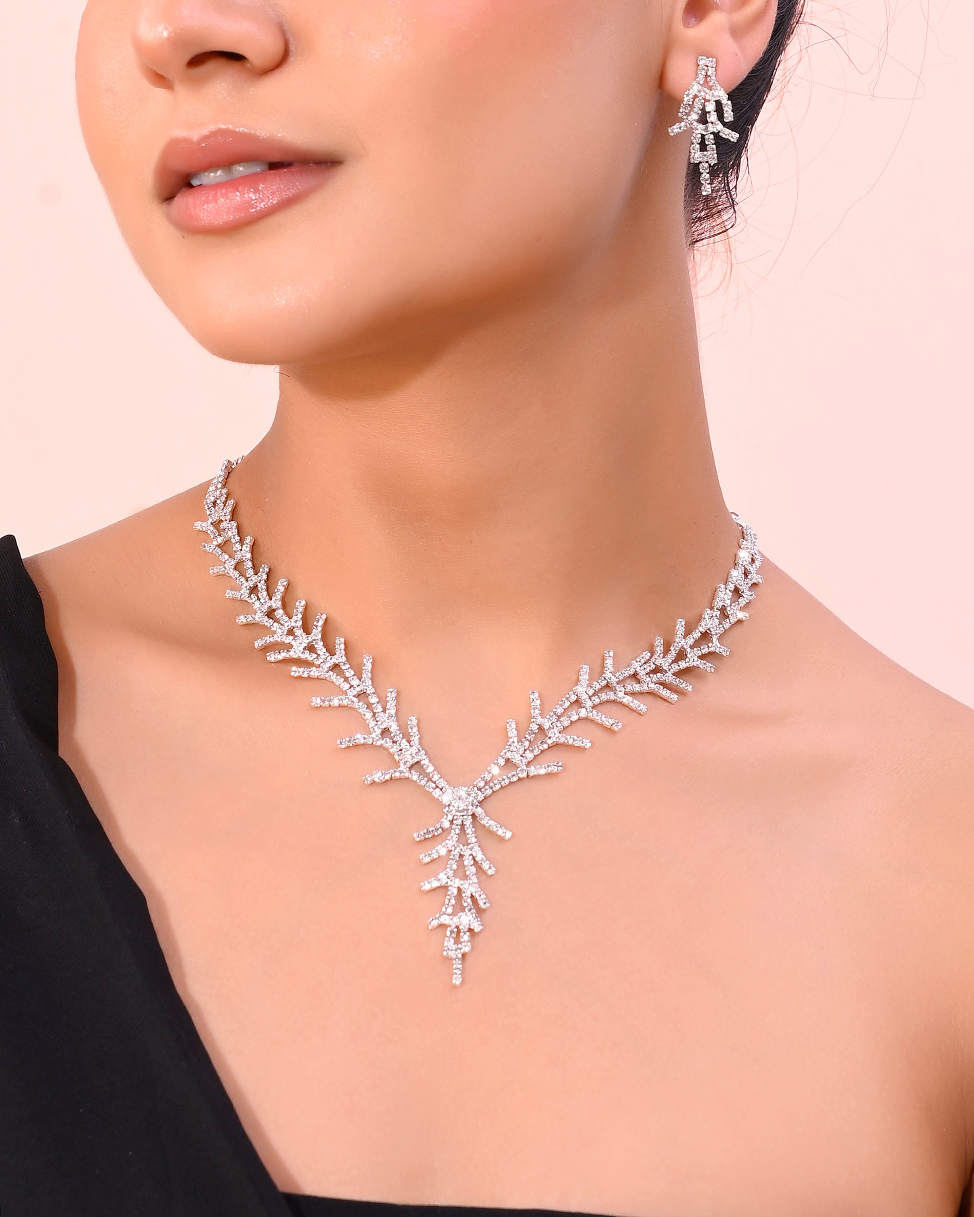 VOJ AD Stone Studded Silver Plated Designer Jewellery Set - Distacart