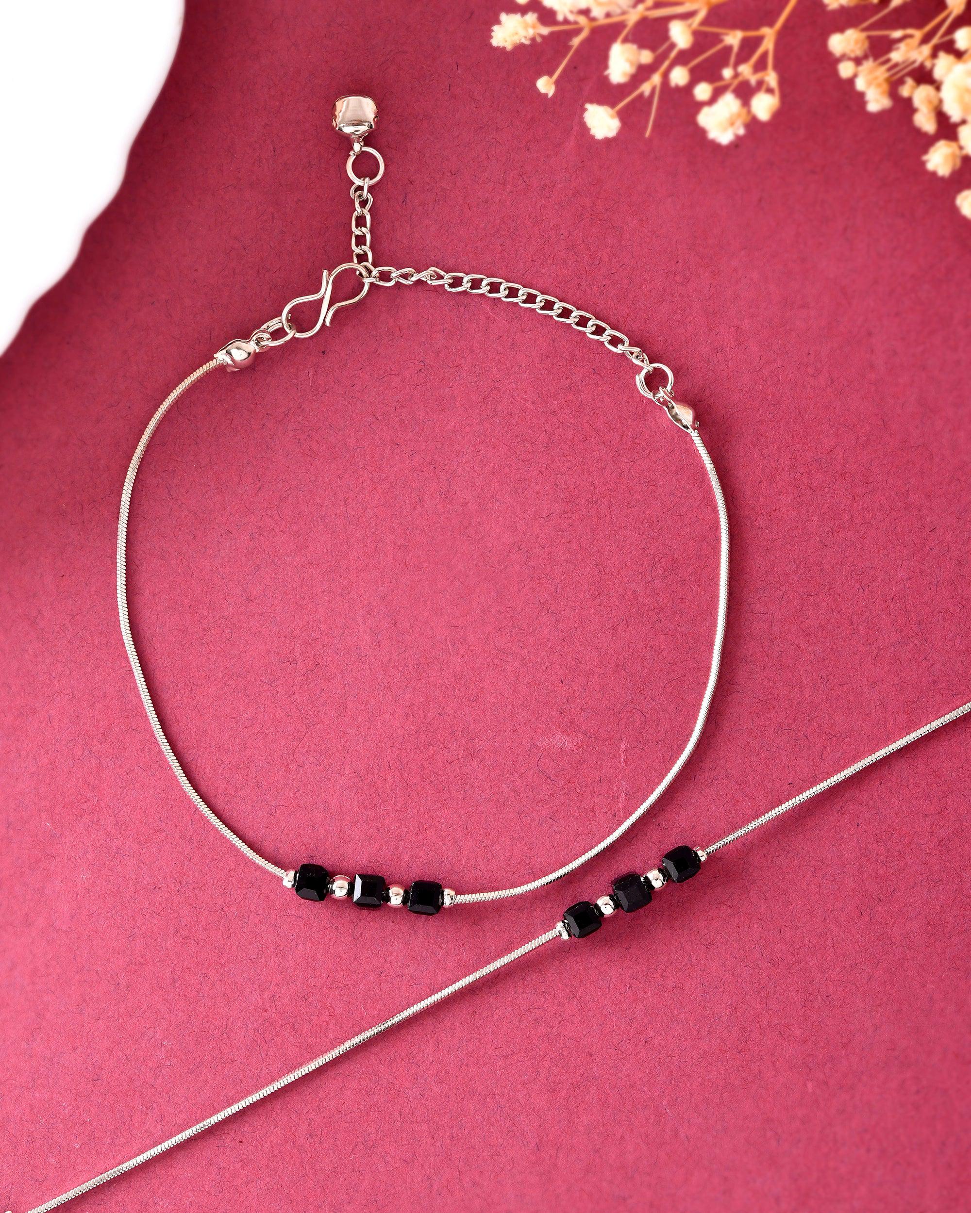 VOJ Set Of 2 Silver Plated With Black Beads Anklet - Distacart