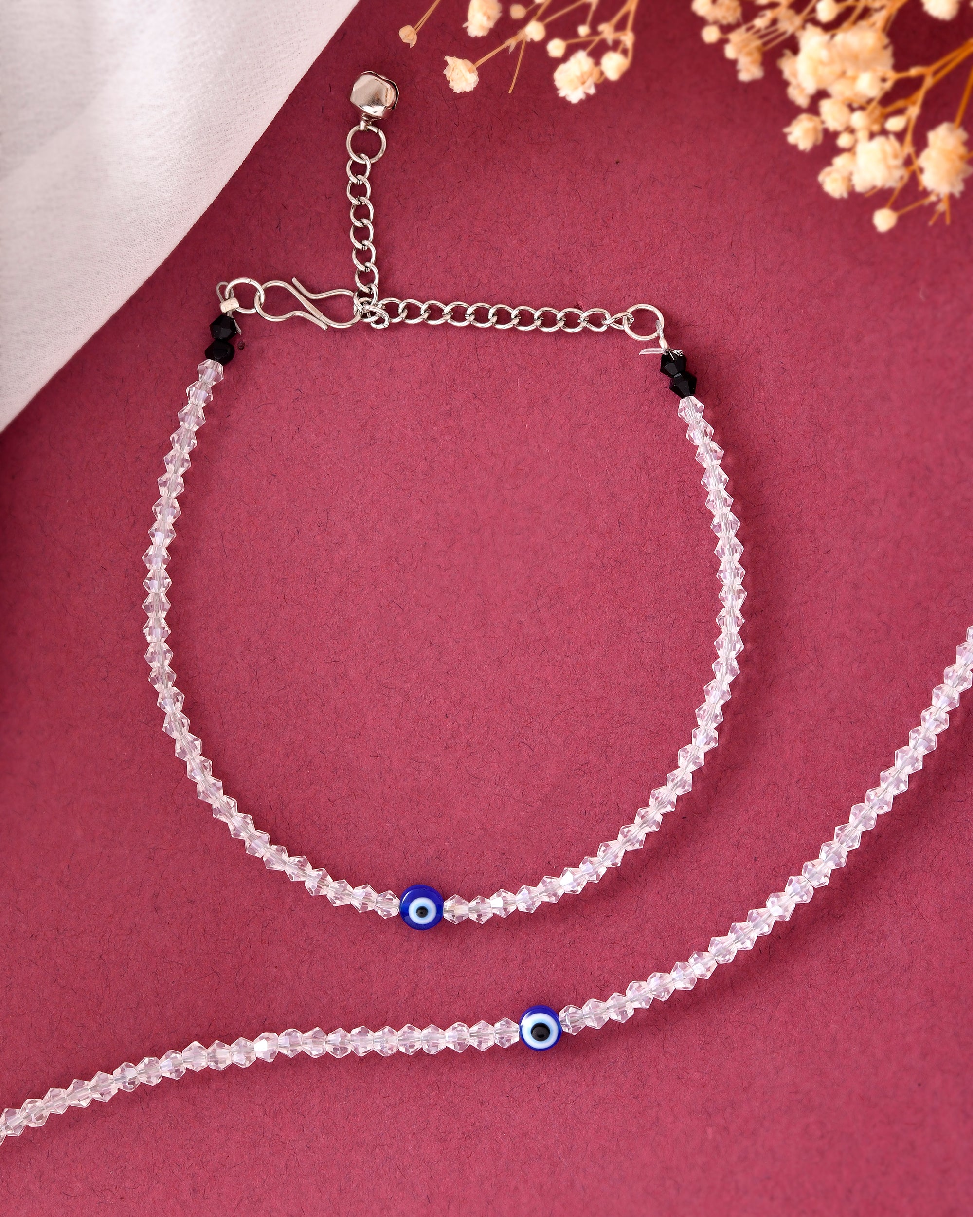 VOJ Set Of 2 Silver Plated With White beads and Evil Eye Anklet - Distacart