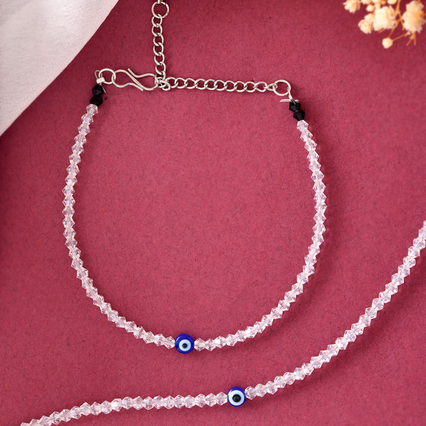VOJ Set Of 2 Silver Plated With White beads and Evil Eye Anklet - Distacart
