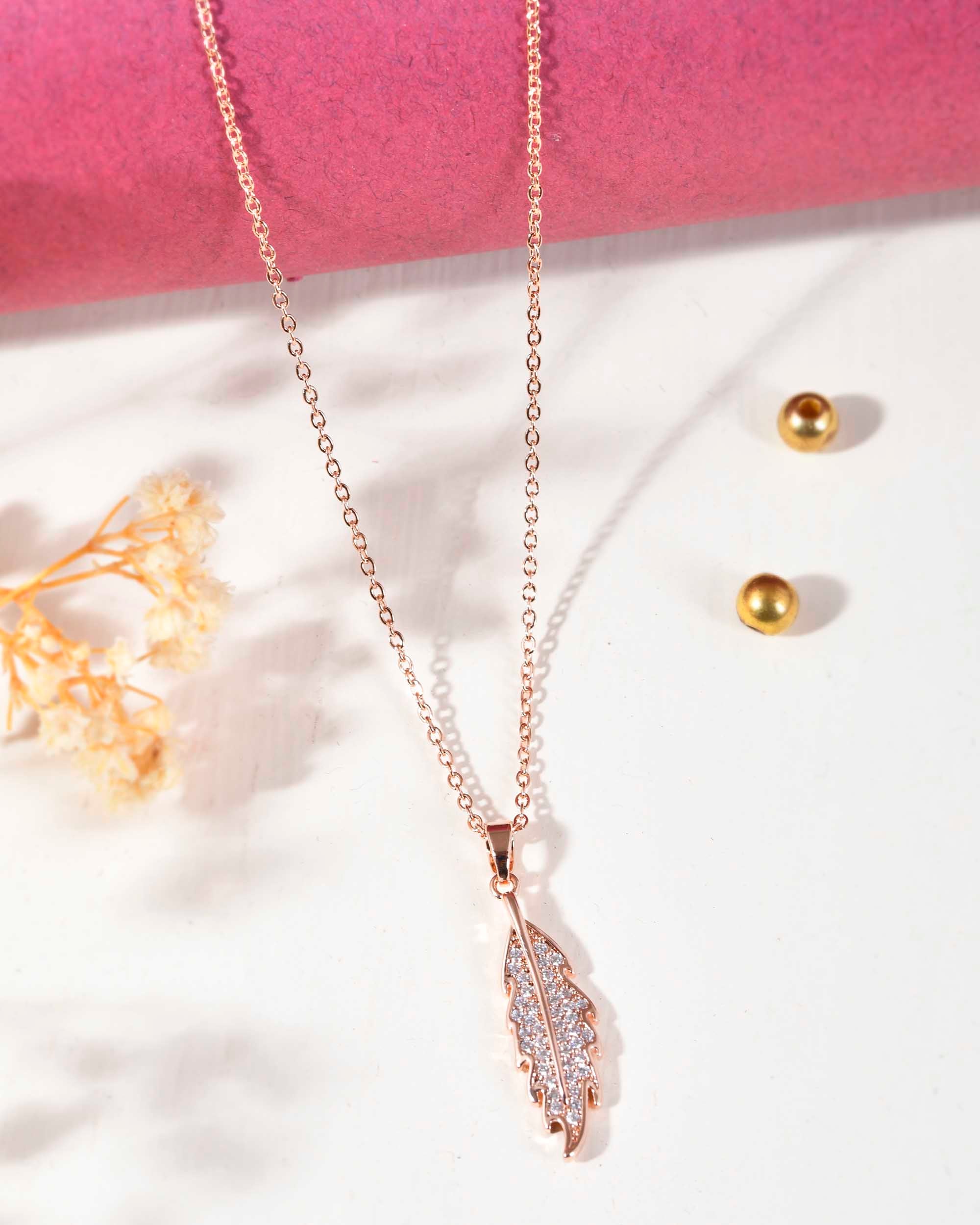 VOJ Rose Gold-Polished Chain With AD Studded Leaf Shaped Pendent - Distacart