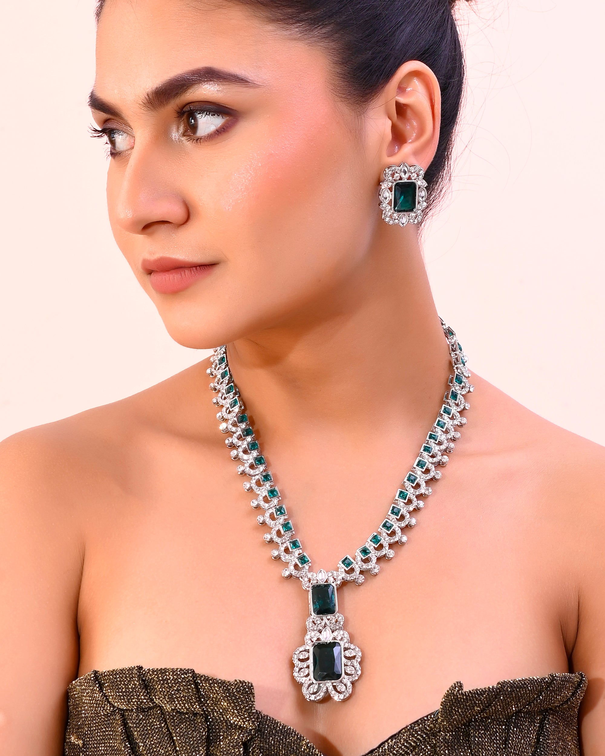 VOJ Green Silver-Plated Long Necklace Earring Jewellery Set - Distacart