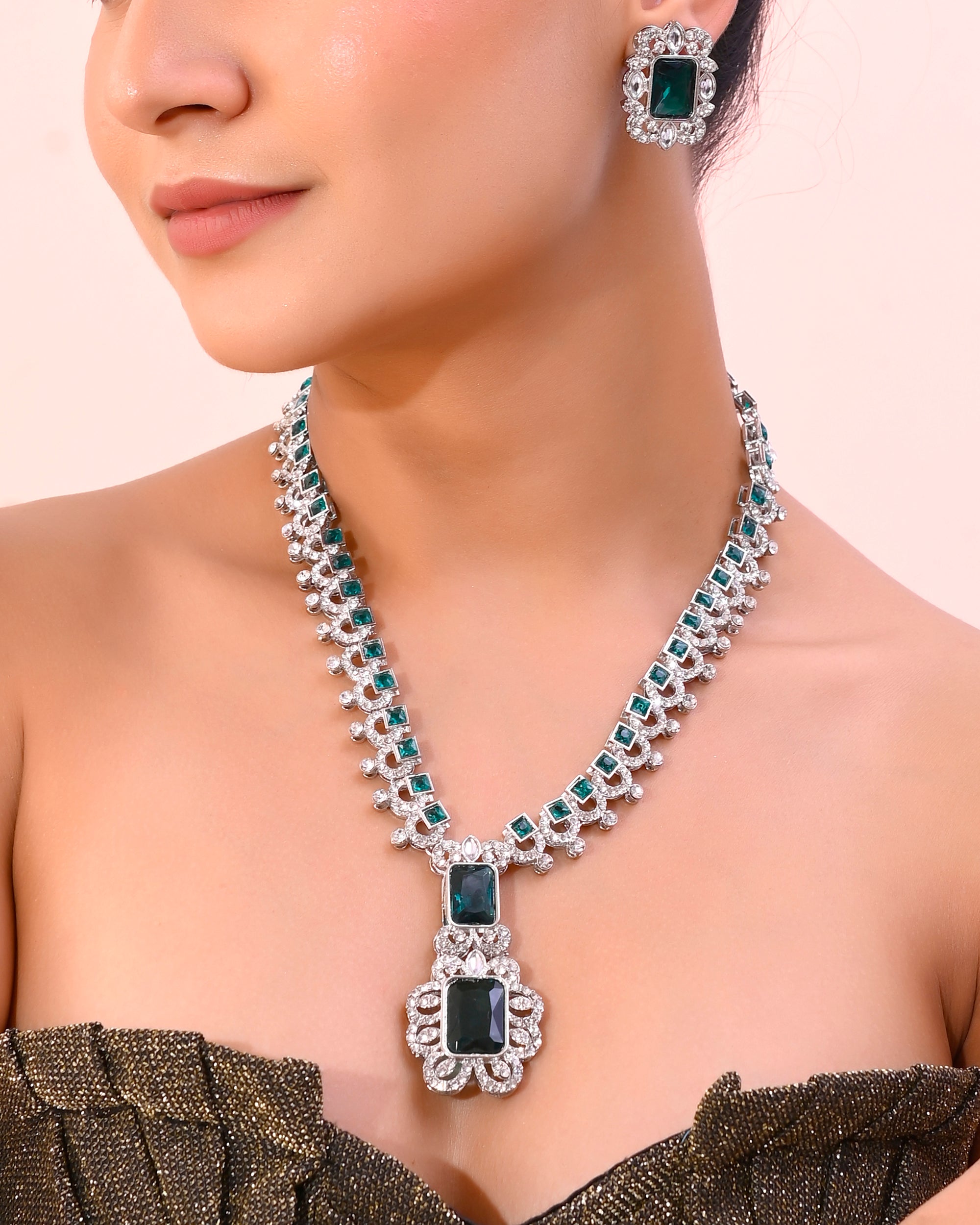 VOJ Green Silver-Plated Long Necklace Earring Jewellery Set - Distacart