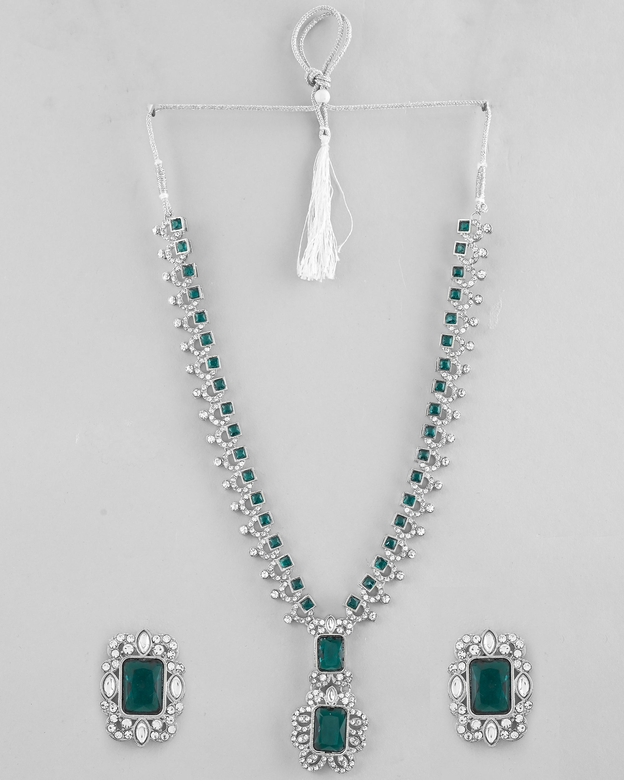 VOJ Green Silver-Plated Long Necklace Earring Jewellery Set - Distacart