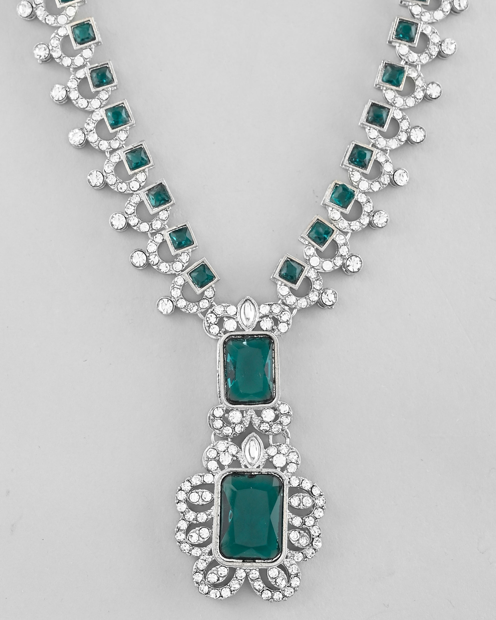 VOJ Green Silver-Plated Long Necklace Earring Jewellery Set - Distacart