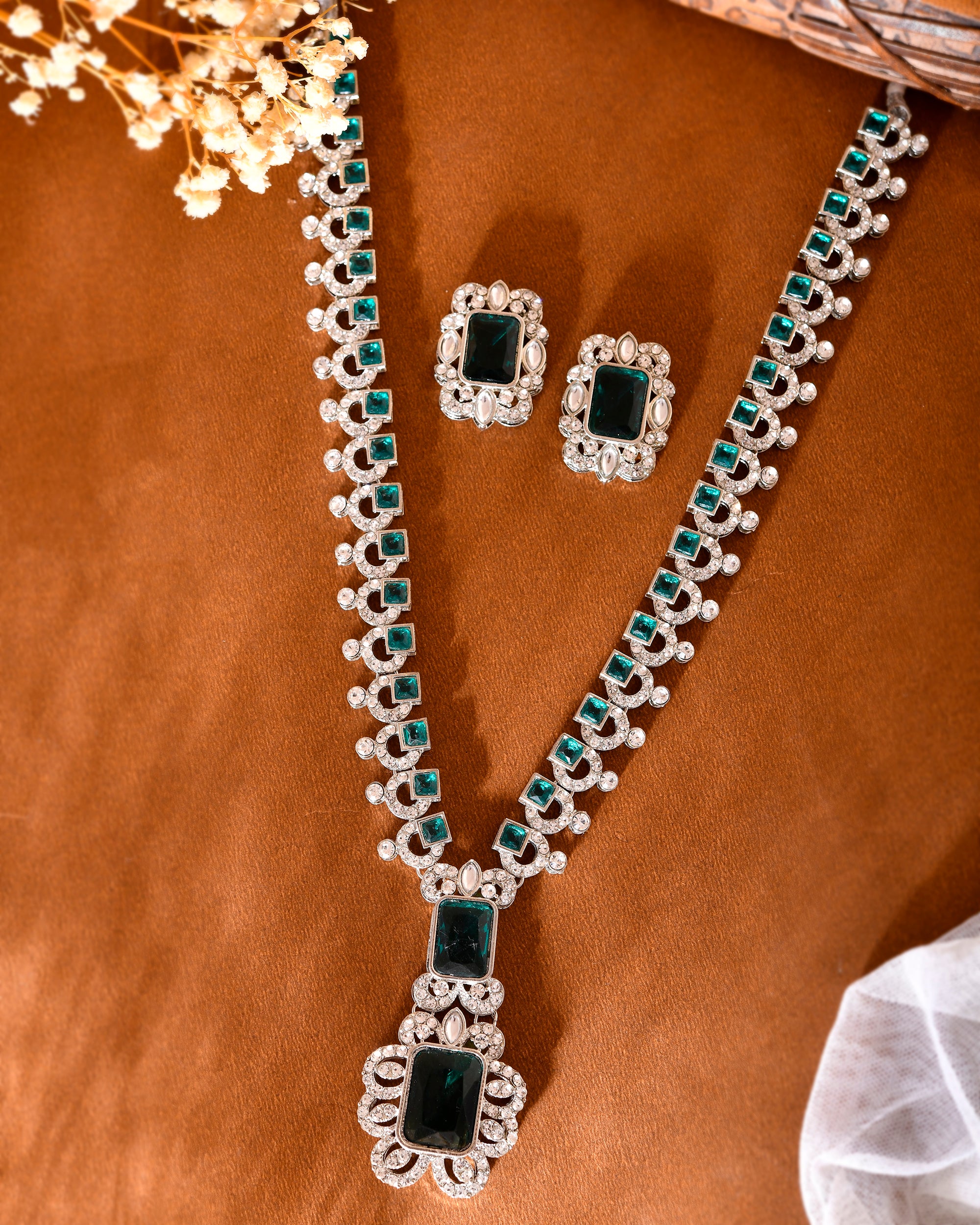 VOJ Green Silver-Plated Long Necklace Earring Jewellery Set - Distacart