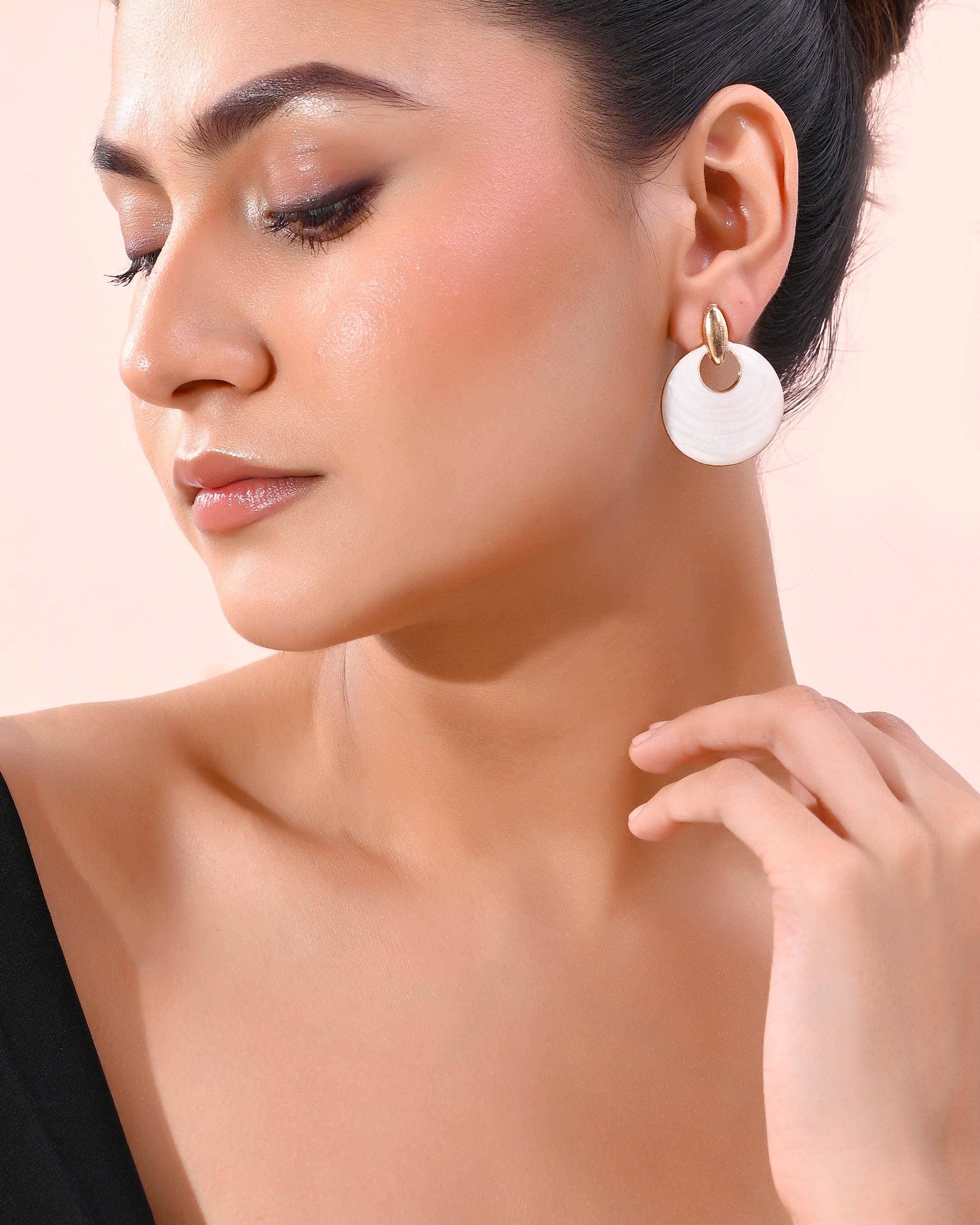 VOJ Gold-Polished Korean Style White Circular Studs Earrings - Distacart