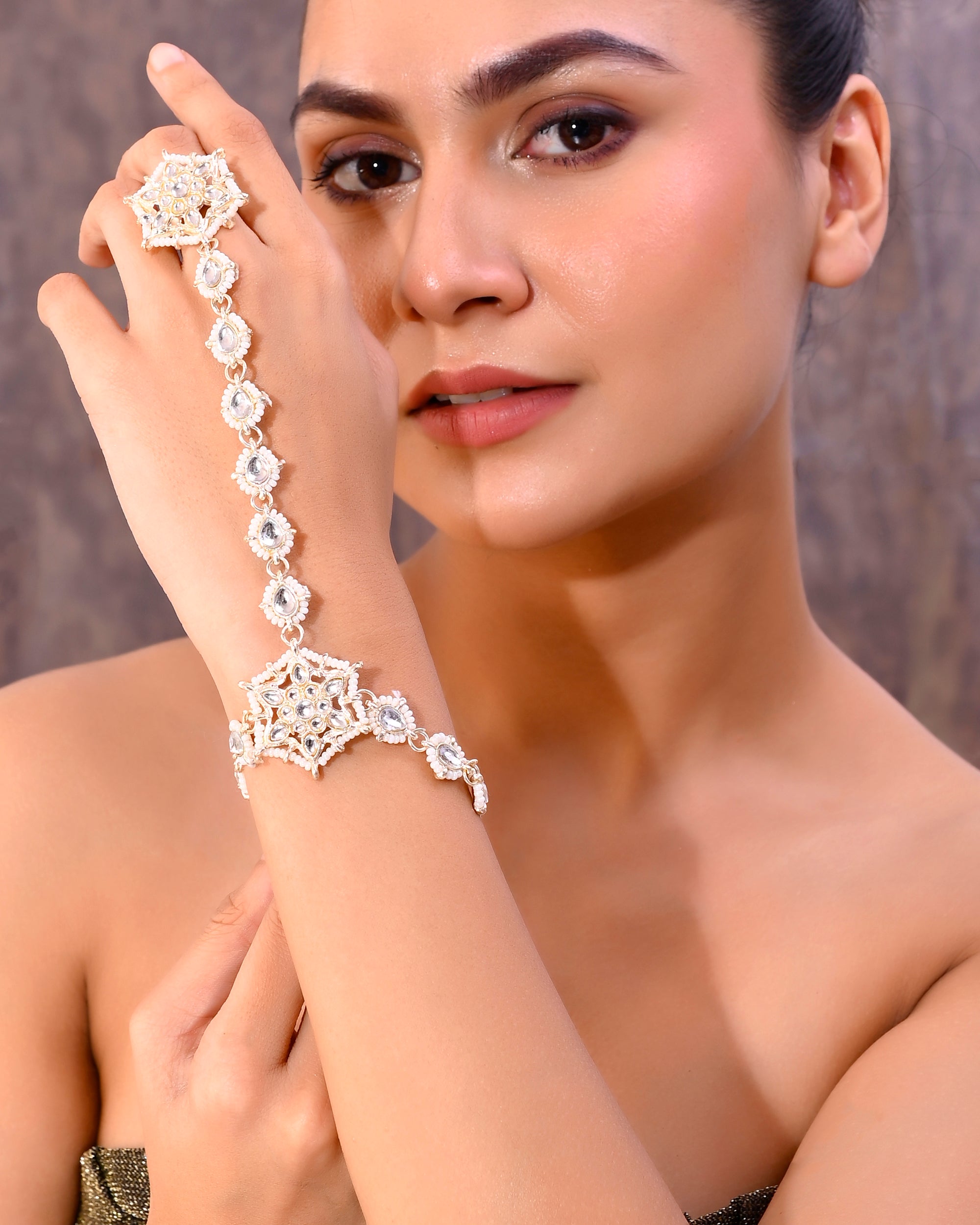 VOJ Gold-Polished Pearl And Kundan Ring Bracelet - Distacart