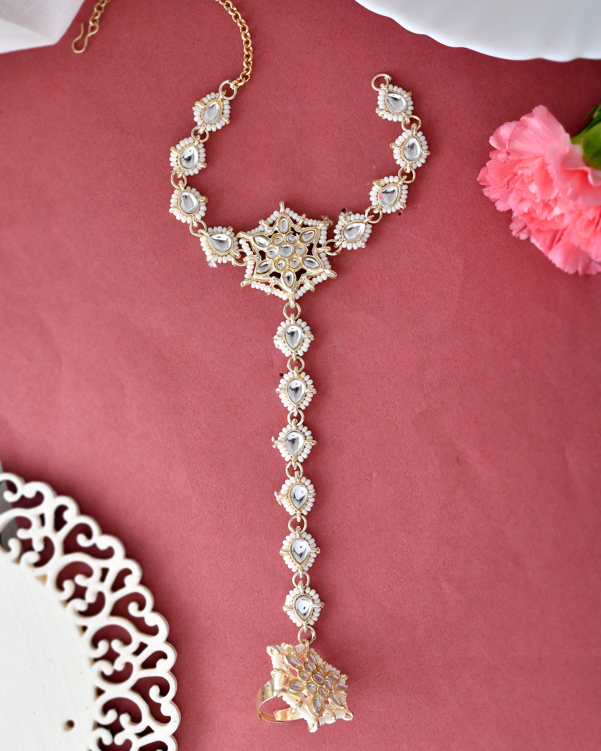 VOJ Gold-Polished Pearl And Kundan Ring Bracelet - Distacart