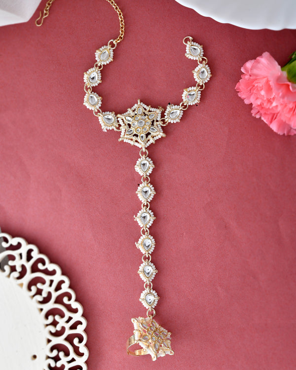 VOJ Gold-Polished Pearl And Kundan Ring Bracelet