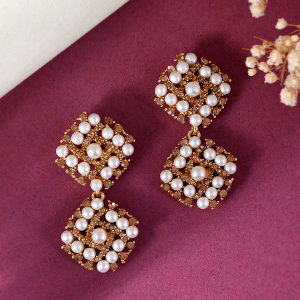 VOJ Gold-Polished Pearl And Gold Stone Drop Stud Earrings - Distacart