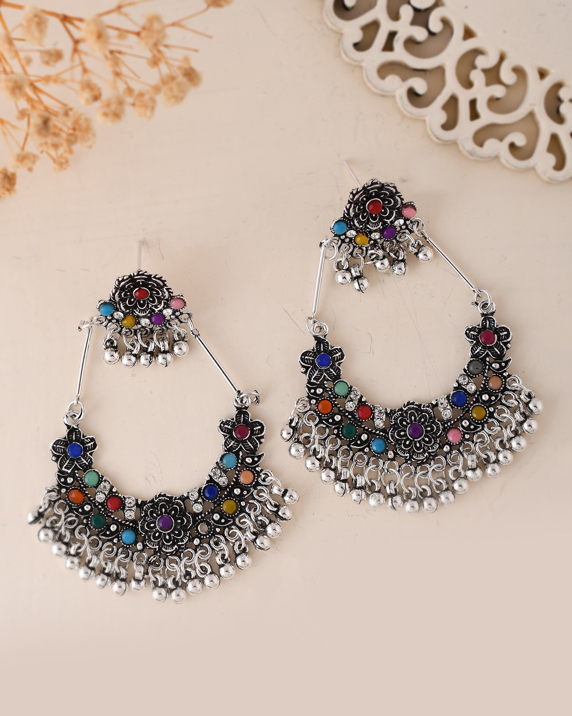VOJ Silver-Plated multi Colour Flower Oxidized Shaped Drop Earrings - Distacart