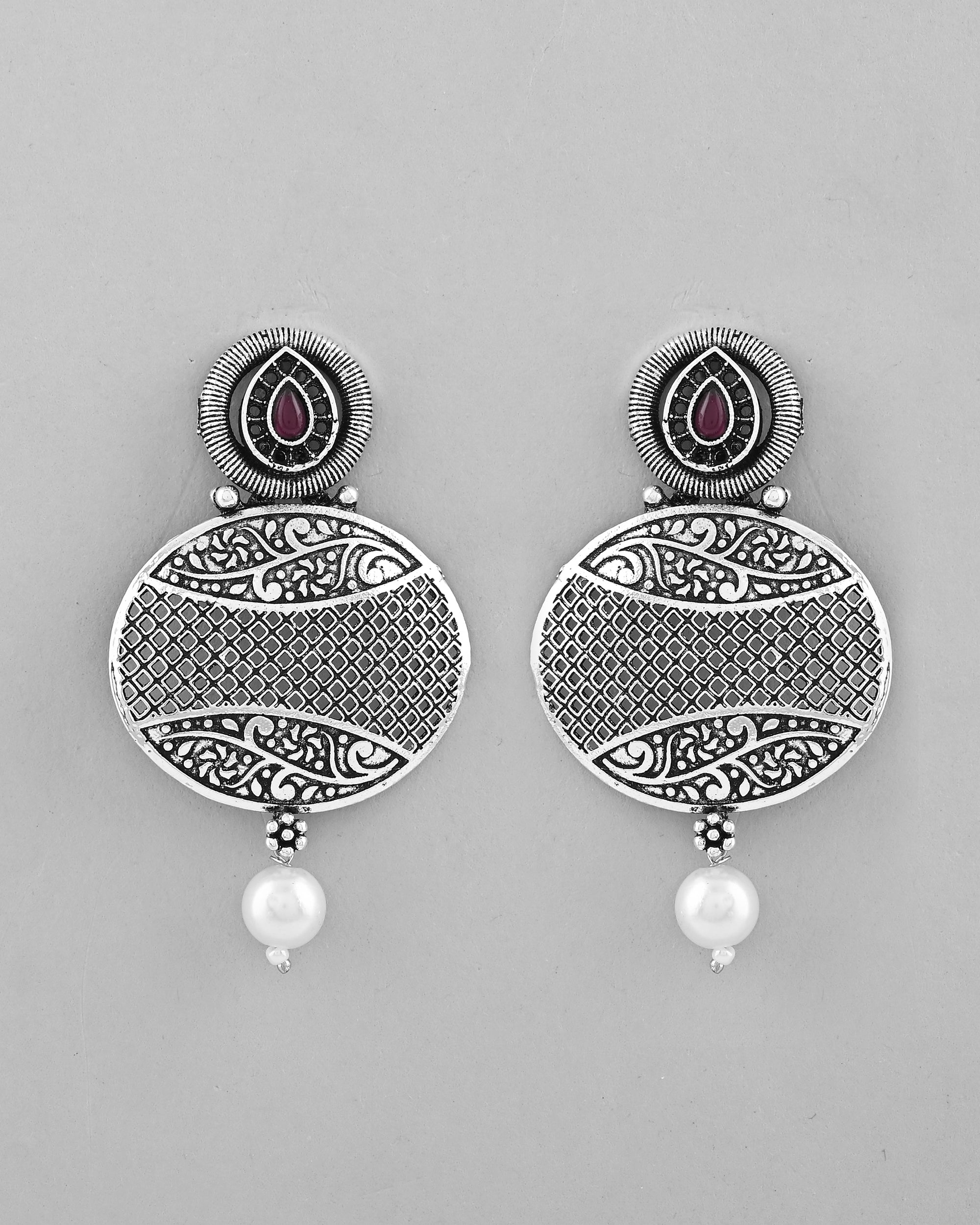 VOJ Rhodium-Plated Oxidized Contemporary With Pearl Earrings - Distacart