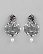 Thumbnail for VOJ Rhodium-Plated Oxidized Contemporary With Pearl Earrings - Distacart
