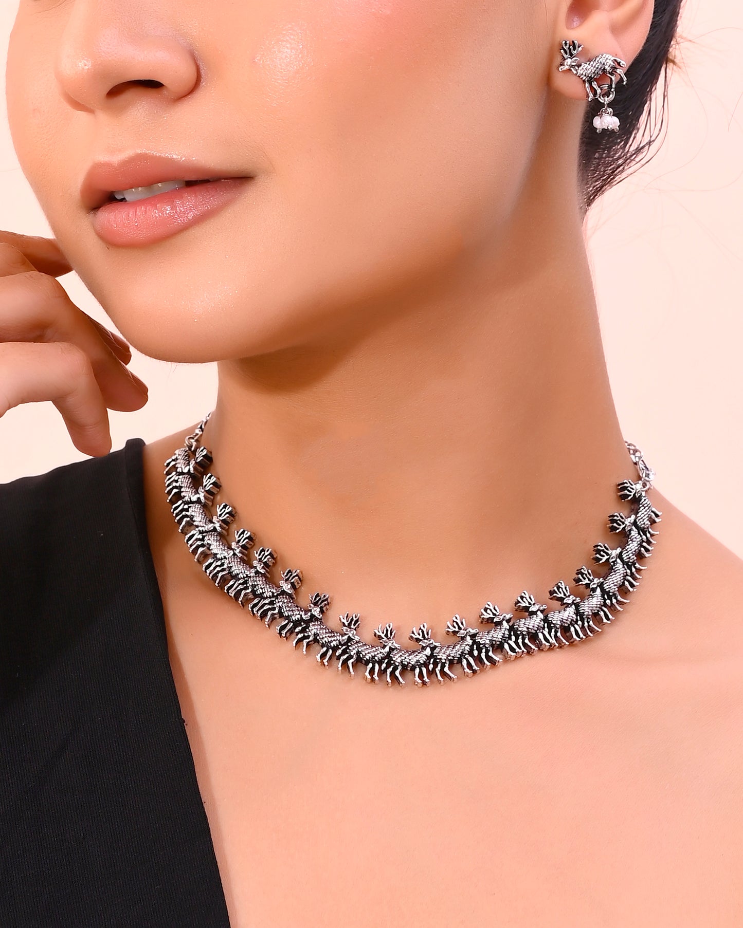 VOJ Rhodium-Plated Deer Oxidized Contemporary Choker With Earrings Set - Distacart
