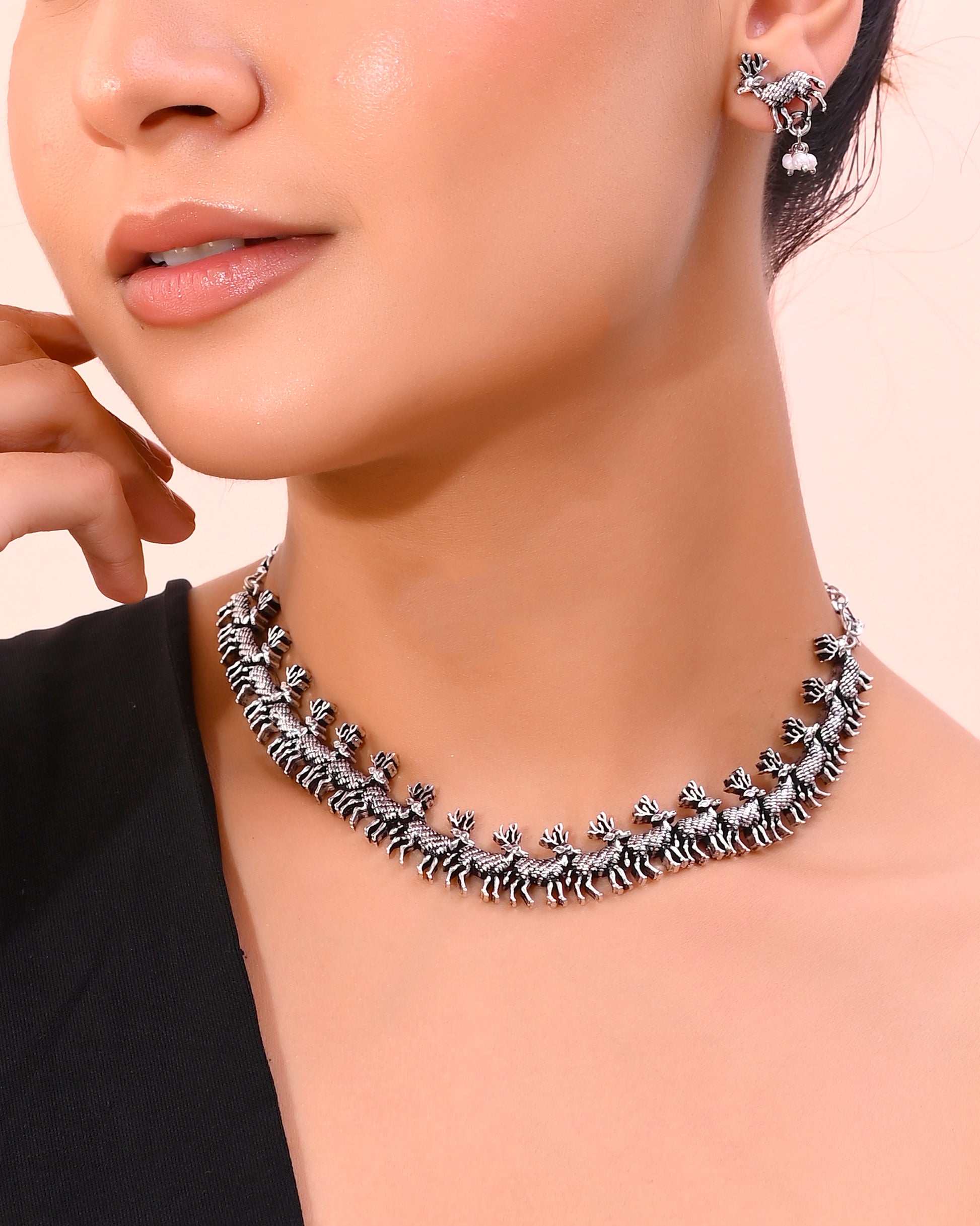 VOJ Rhodium-Plated Deer Oxidized Contemporary Choker With Earrings Set - Distacart