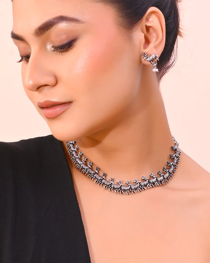 VOJ Rhodium-Plated Deer Oxidized Contemporary Choker With Earrings Set - Distacart