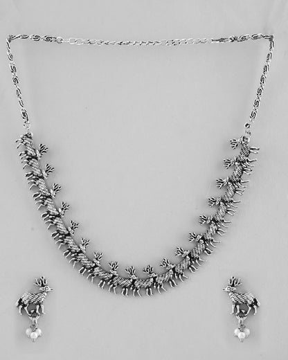 VOJ Rhodium-Plated Deer Oxidized Contemporary Choker With Earrings Set - Distacart