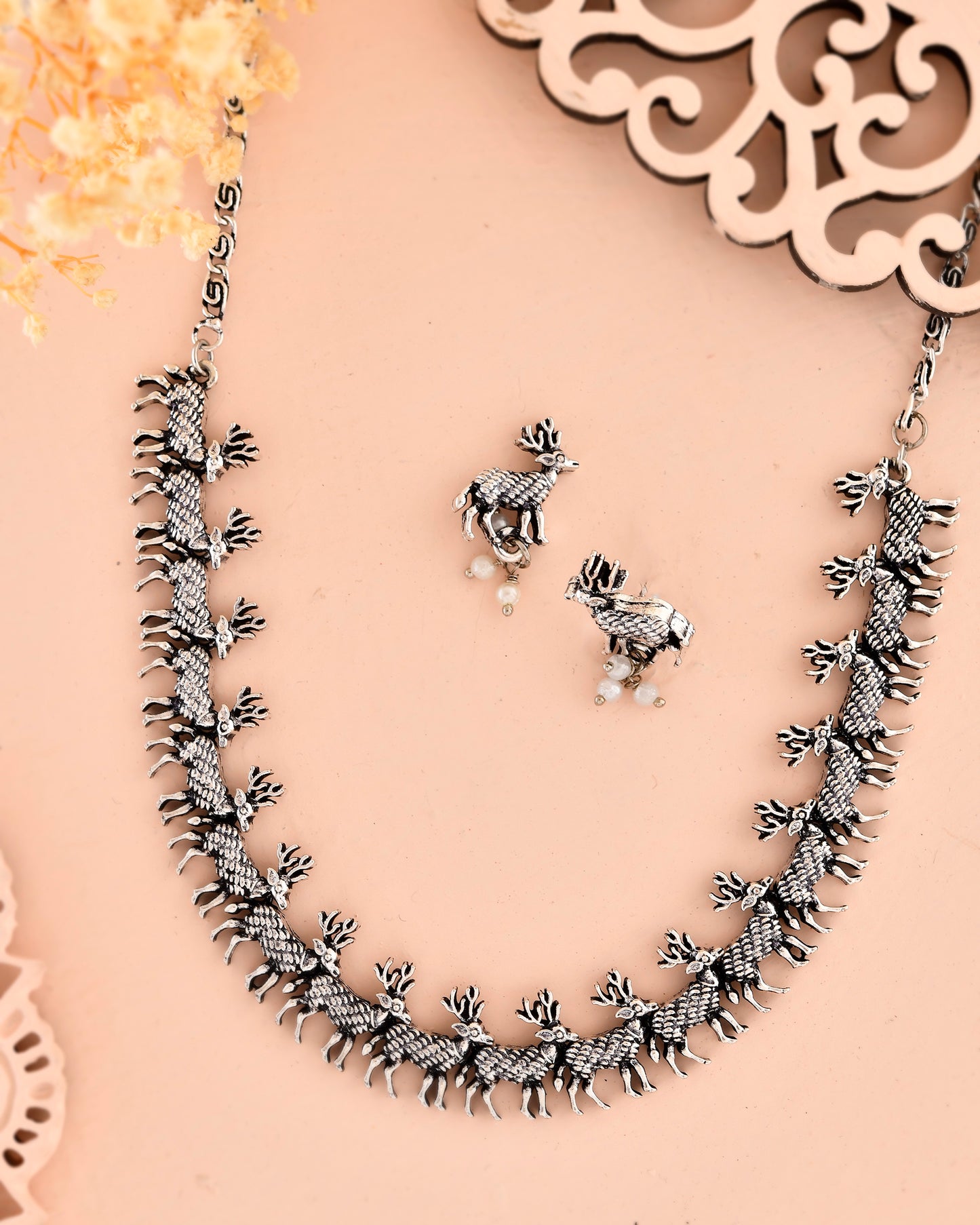 VOJ Rhodium-Plated Deer Oxidized Contemporary Choker With Earrings Set - Distacart
