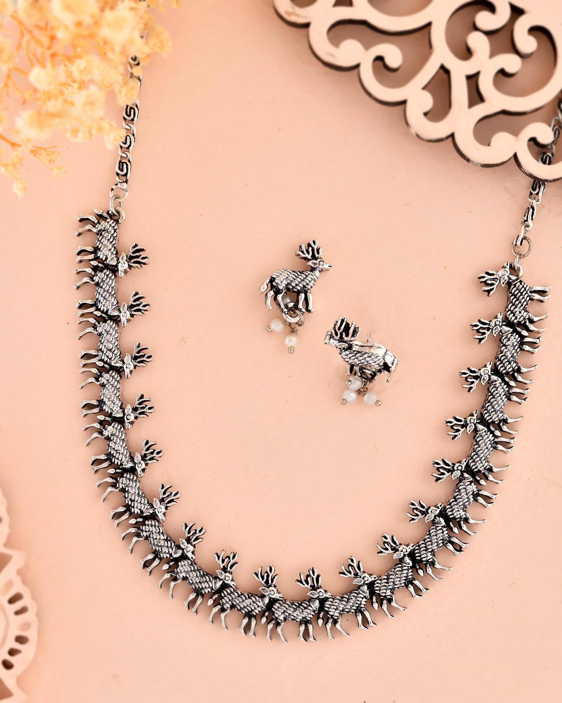 VOJ Rhodium-Plated Deer Oxidized Contemporary Choker With Earrings Set - Distacart