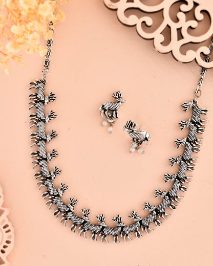 VOJ Rhodium-Plated Deer Oxidized Contemporary Choker With Earrings Set - Distacart
