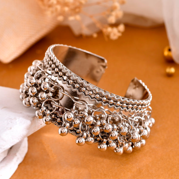 VOJ Silver-Plated Ghungroo Studded Oxidized Cuff Bracelet - Distacart