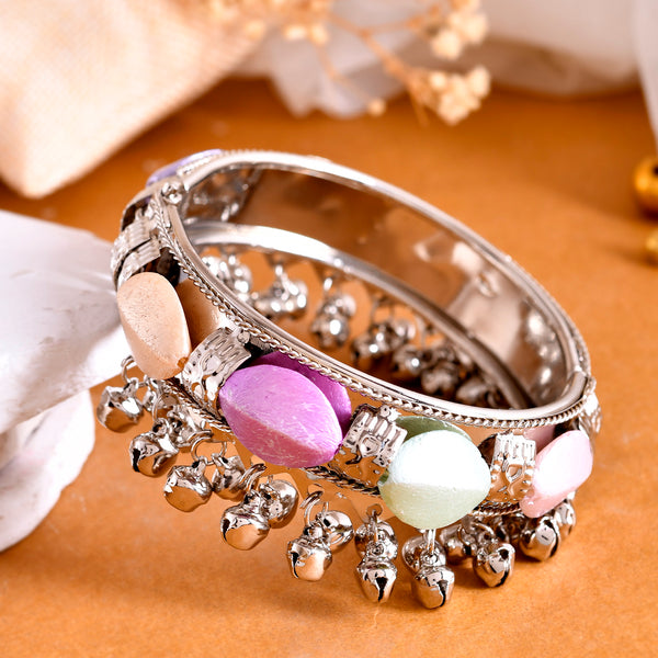 VOJ Silver-Plated Multi Colour Stone Studded Oxidized Cuff Bracelet - Distacart