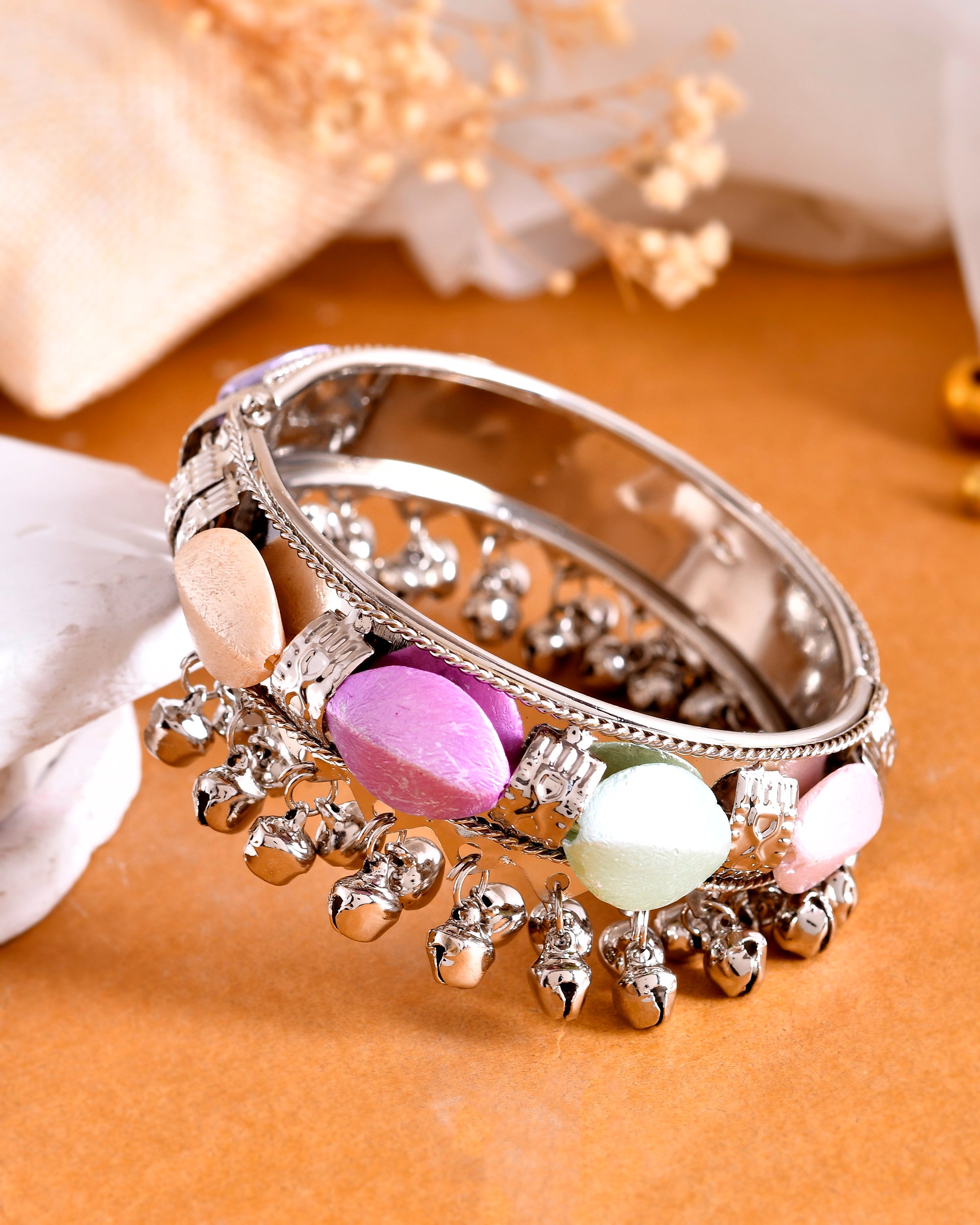 VOJ Silver-Plated Multi Colour Stone Studded Oxidized Cuff Bracelet - Distacart