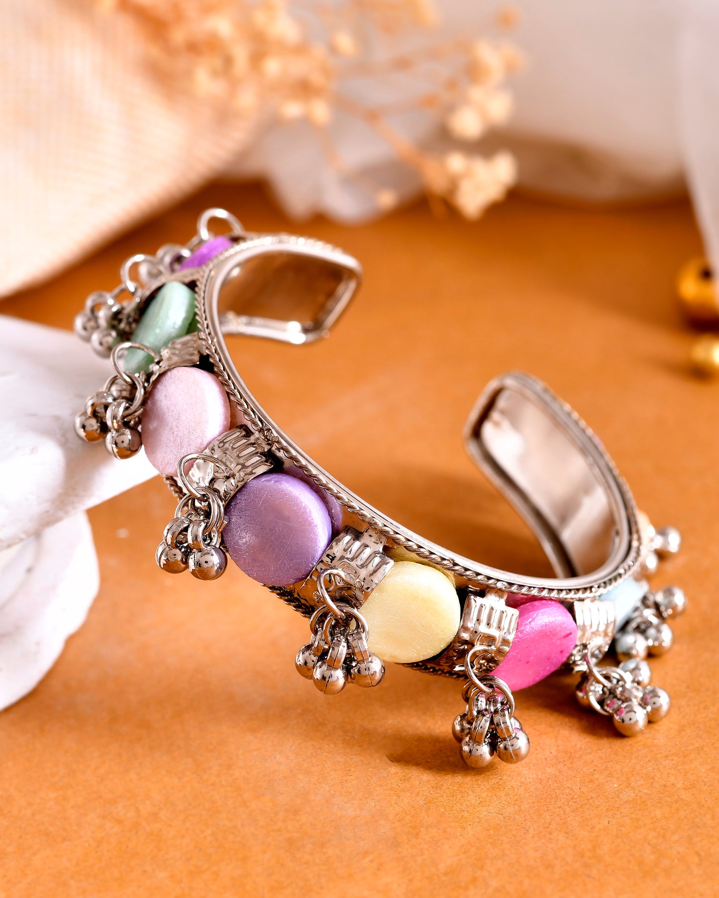 VOJ Silver-Plated Multi Colour Stone And Ghungroo Studded Oxidized Cuff Bracelet - Distacart