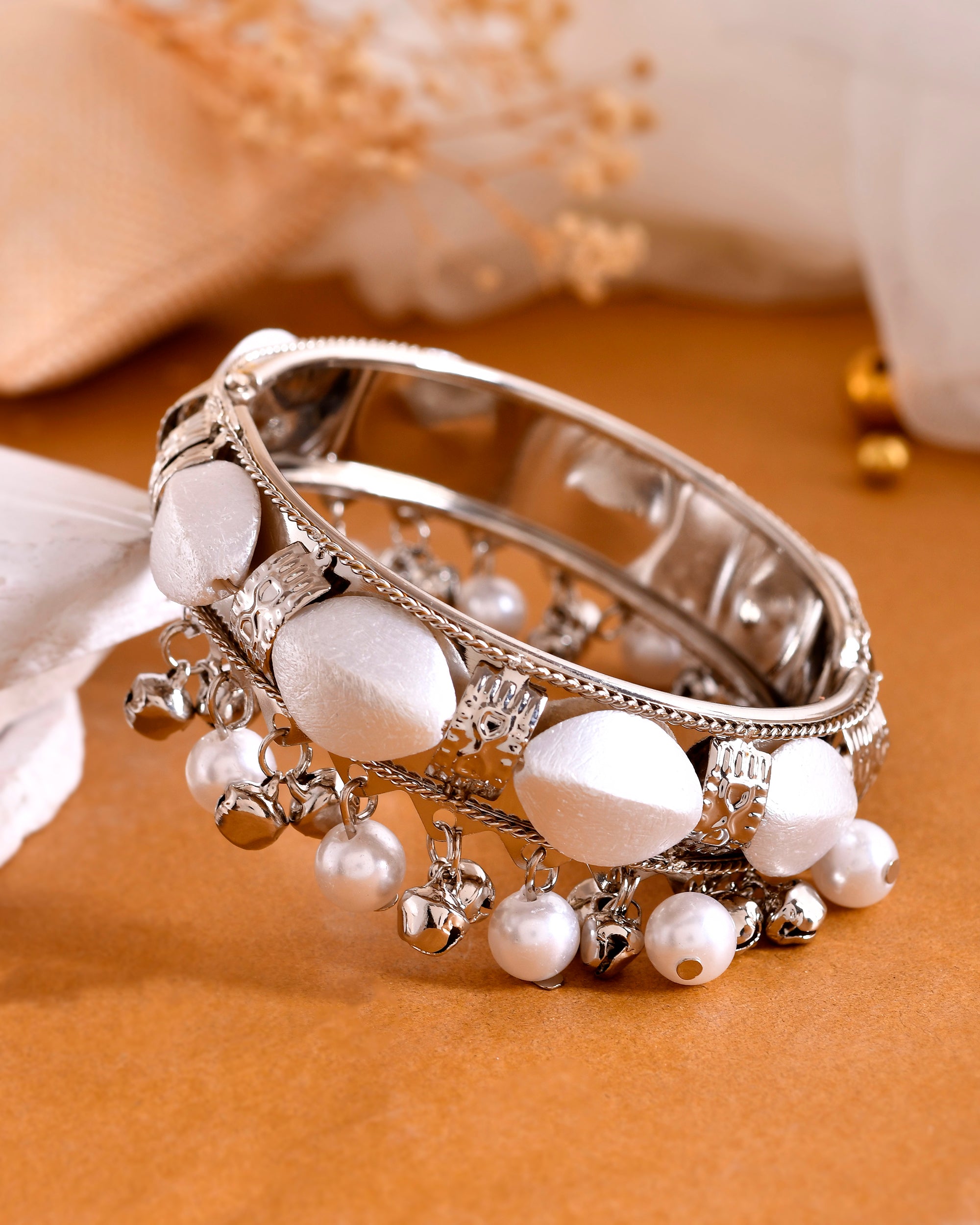 VOJ Silver-Plated Pearl And Ghungroo Studded Oxidized Cuff Bracelet - Distacart