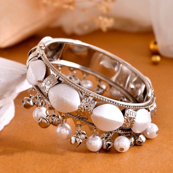 VOJ Silver-Plated Pearl And Ghungroo Studded Oxidized Cuff Bracelet - Distacart