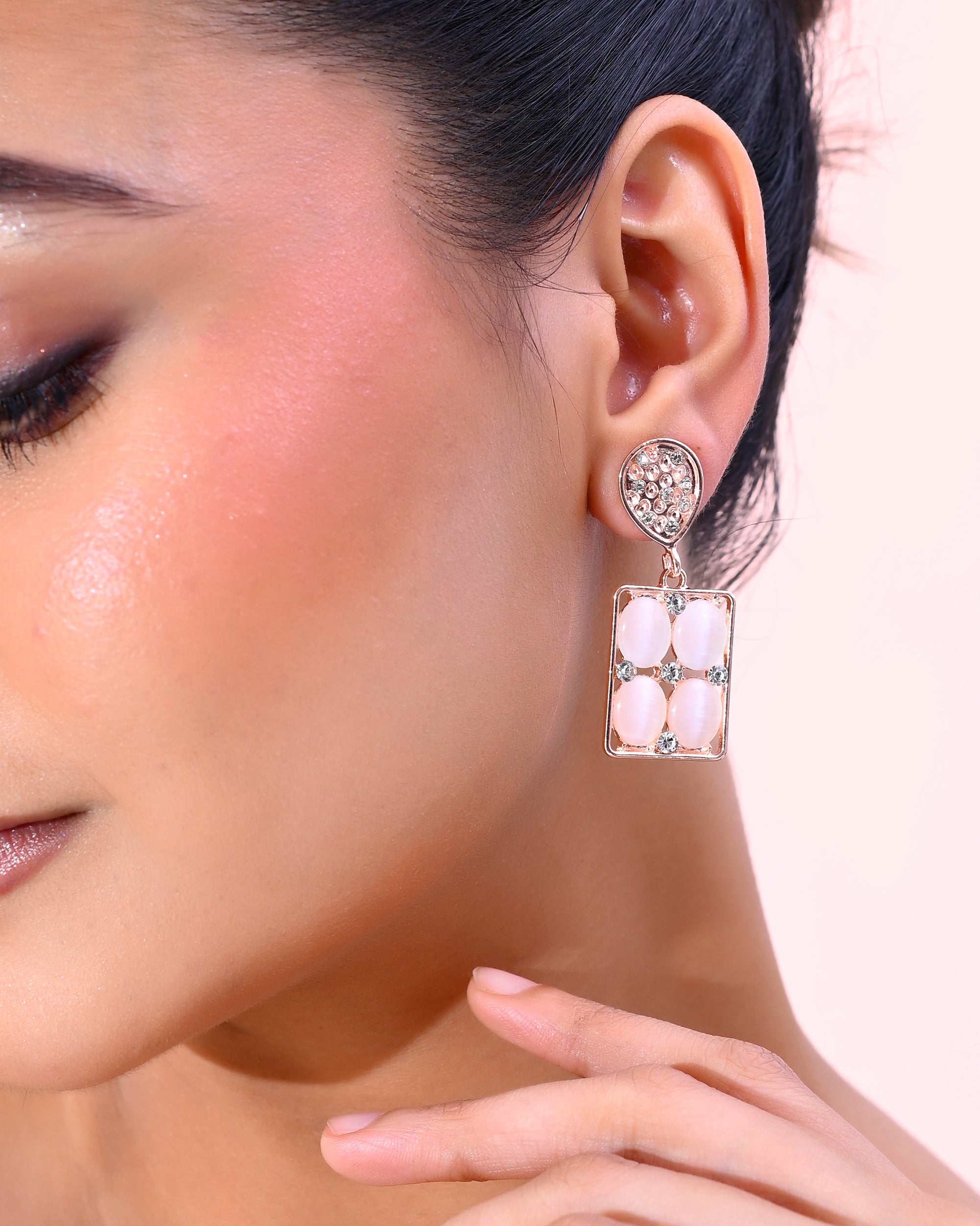 VOJ Rose Gold-Polished Stone Studded Rectangular Drop Earrings - Distacart