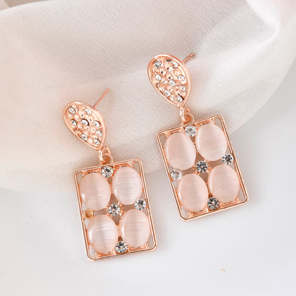 VOJ Rose Gold-Polished Stone Studded Rectangular Drop Earrings - Distacart