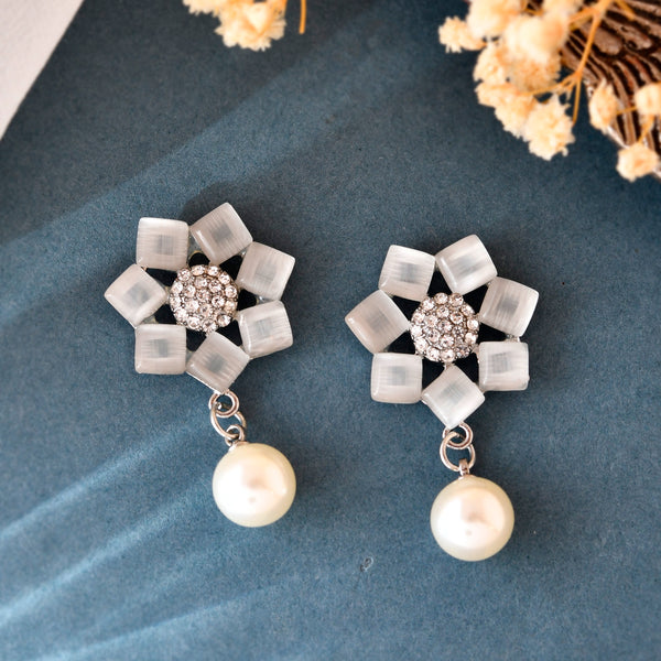 VOJ Silver Plated Floral Stone Studded Earrings - Distacart