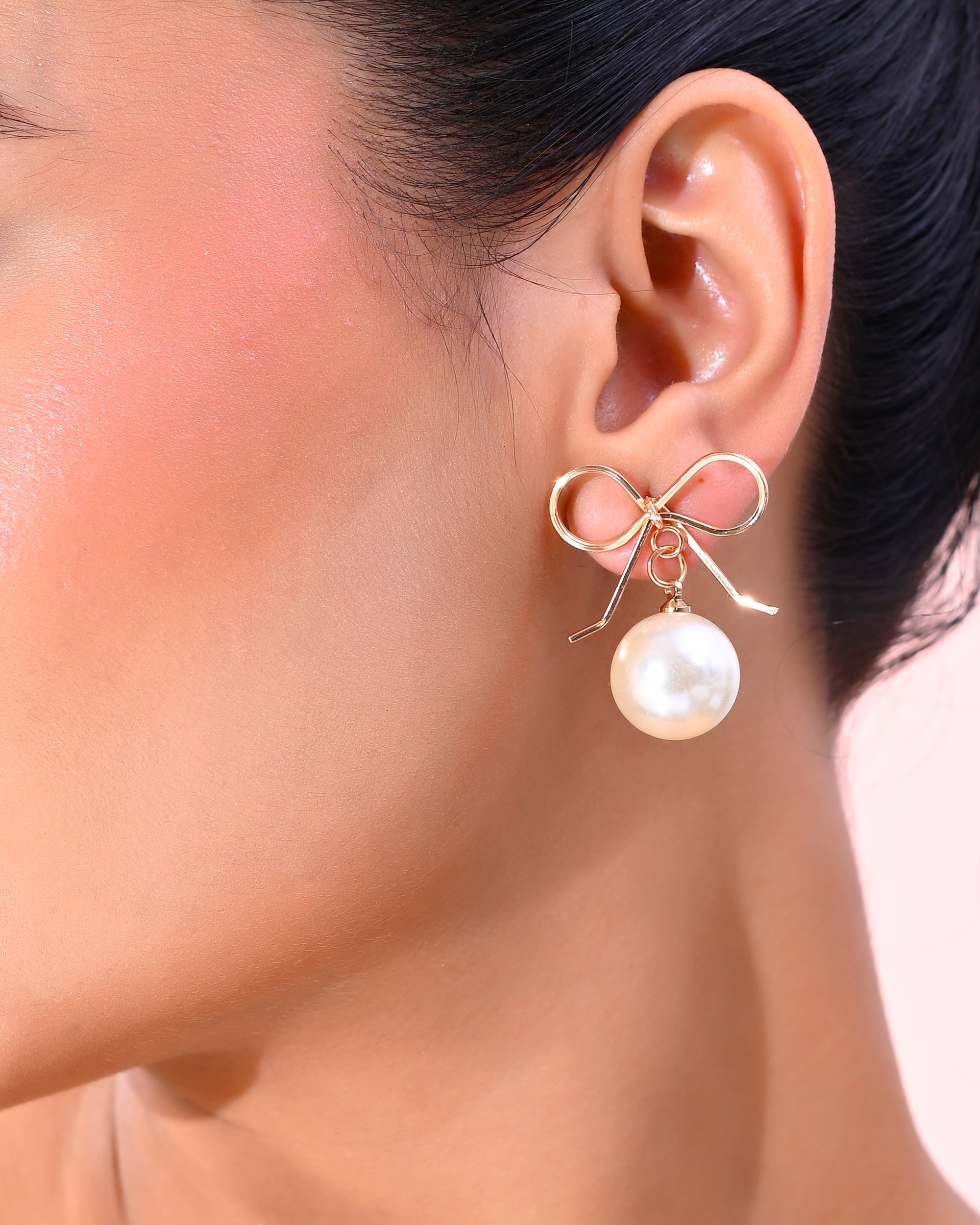 VOJ Gold-Polished Pearl & Bow Shaped Classic Drop Earrings - Distacart