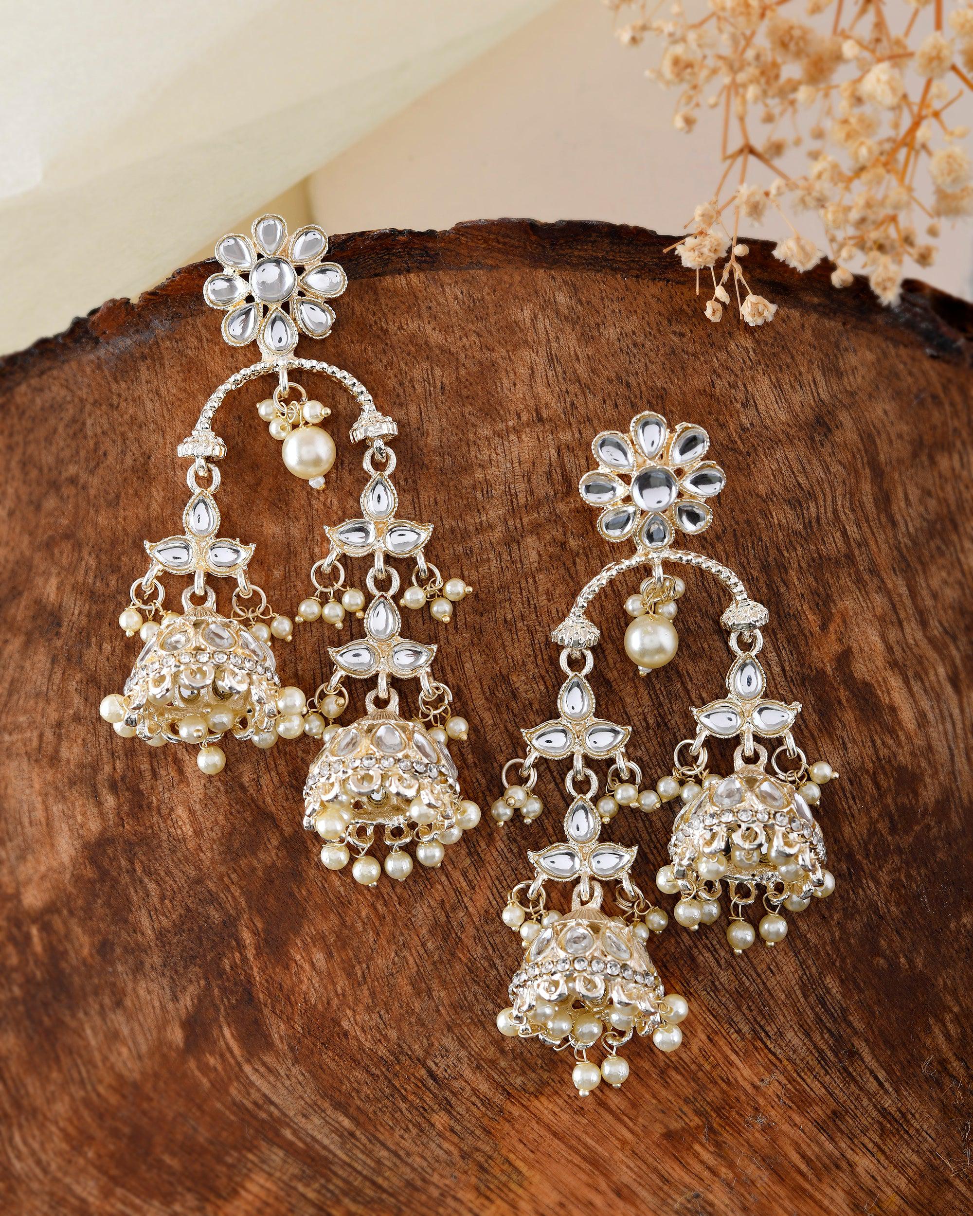 VOJ Gold-Polished Kundan Contemporary Up & Down Jhumka Earrings - Distacart