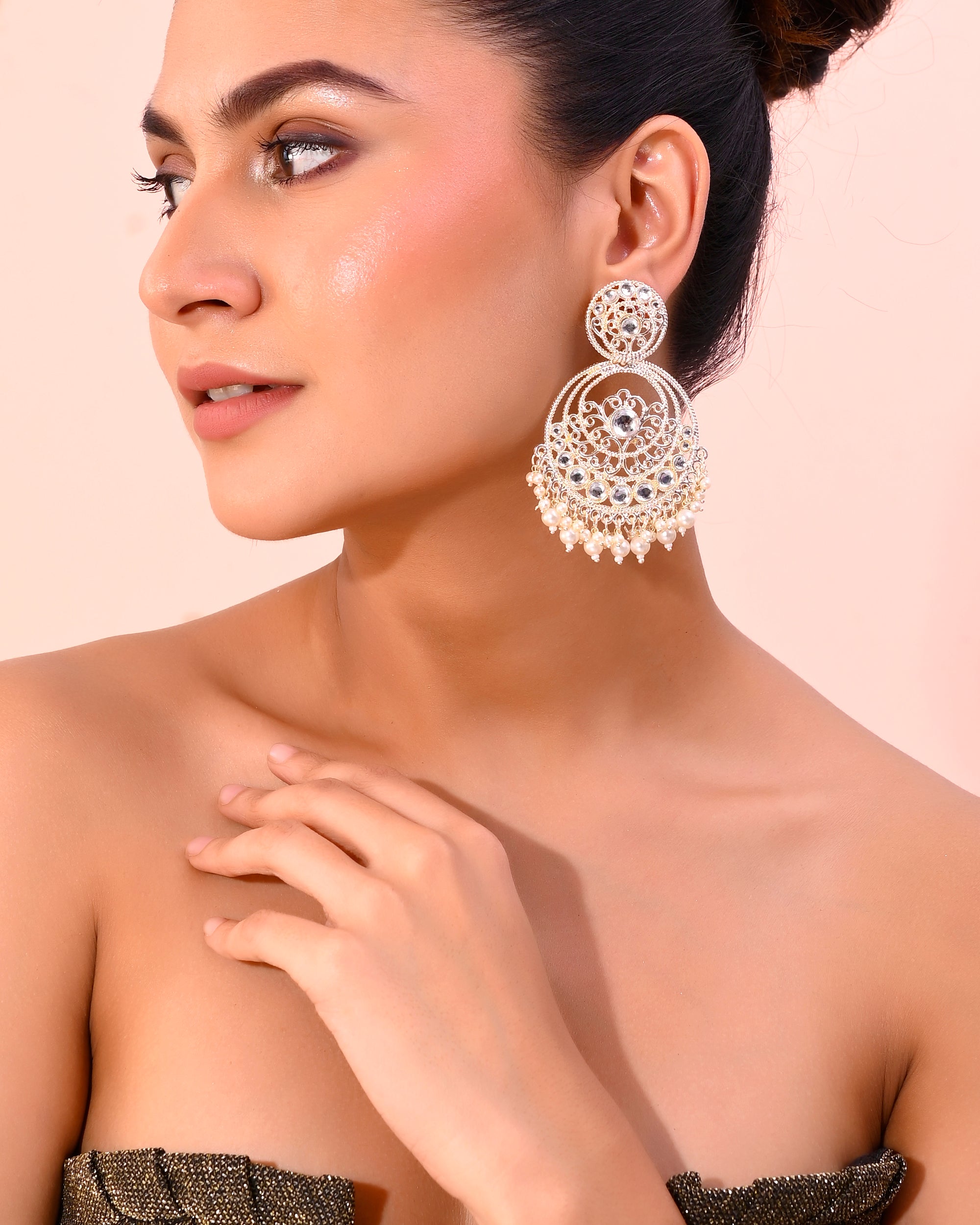 VOJ Gold-Polished Kundan Contemporary Circular Chandbaali Earrings