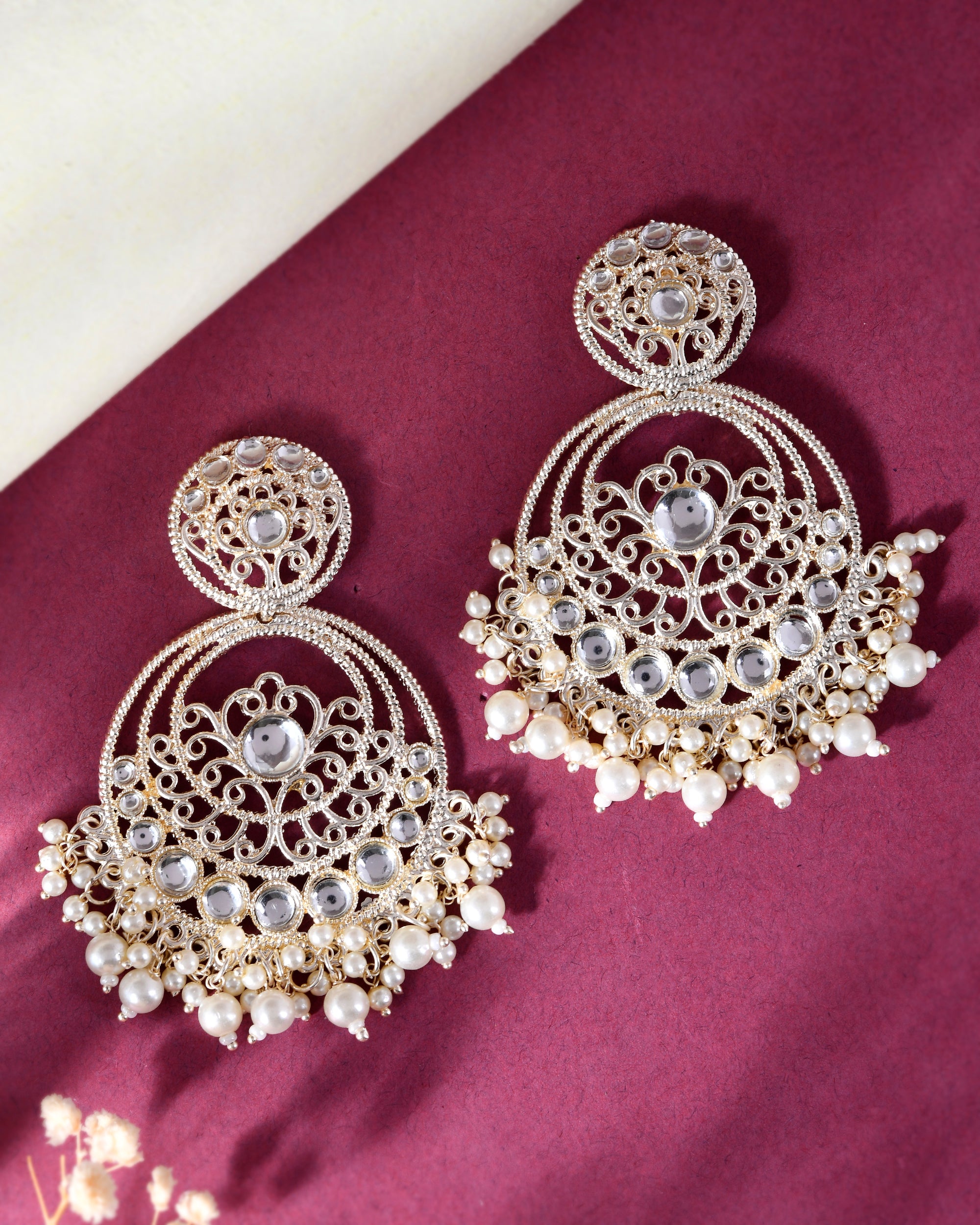 VOJ Gold-Polished Kundan Contemporary Circular Chandbaali Earrings - Distacart