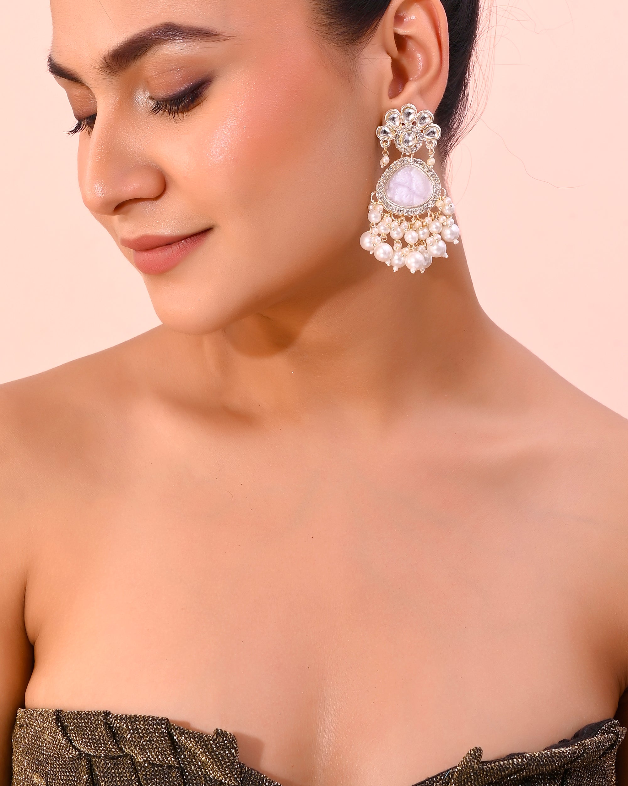 VOJ Gold-Toned Kundan Studded Contemporary Oxidised Drop Earrings - Distacart