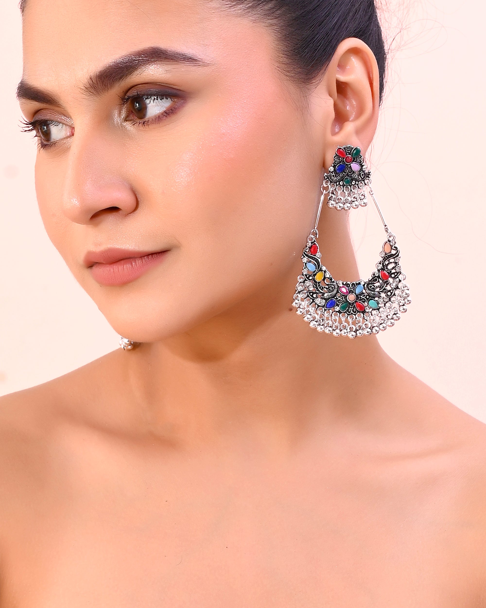 VOJ Silver plated Multi Colour Peacock Oxidized Contemporary Earrings - Distacart