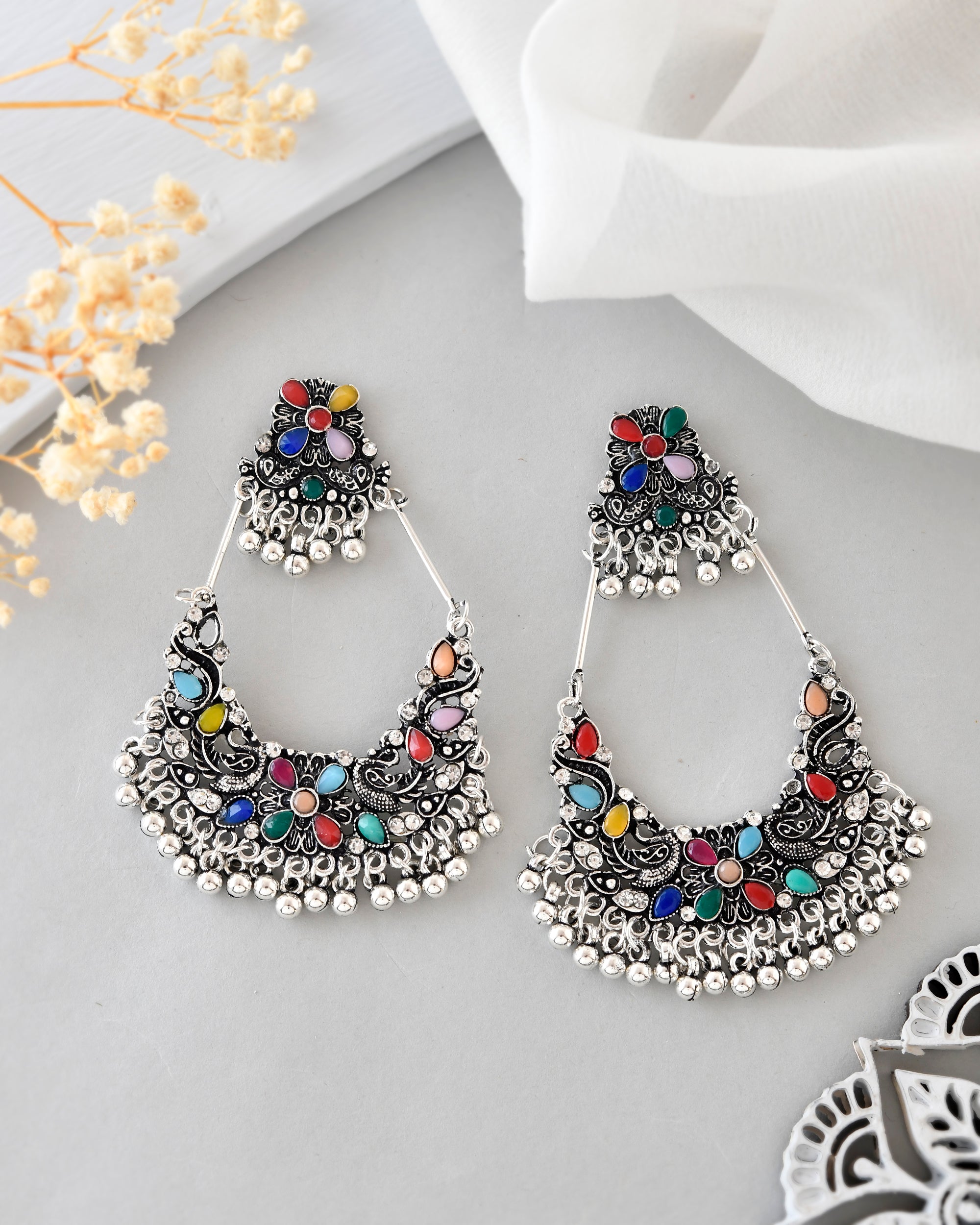 VOJ Silver plated Multi Colour Peacock Oxidized Contemporary Earrings - Distacart