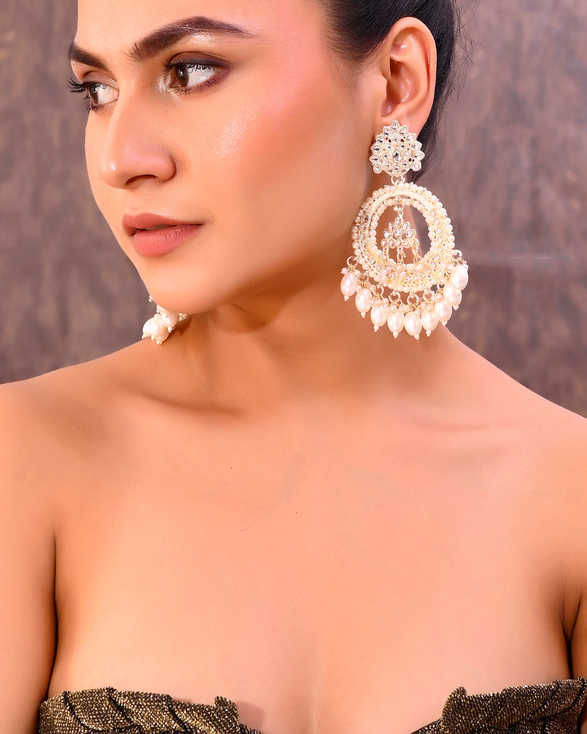 VOJ Gold-Polished Kundan Studded White ChandBali Earrings - Distacart