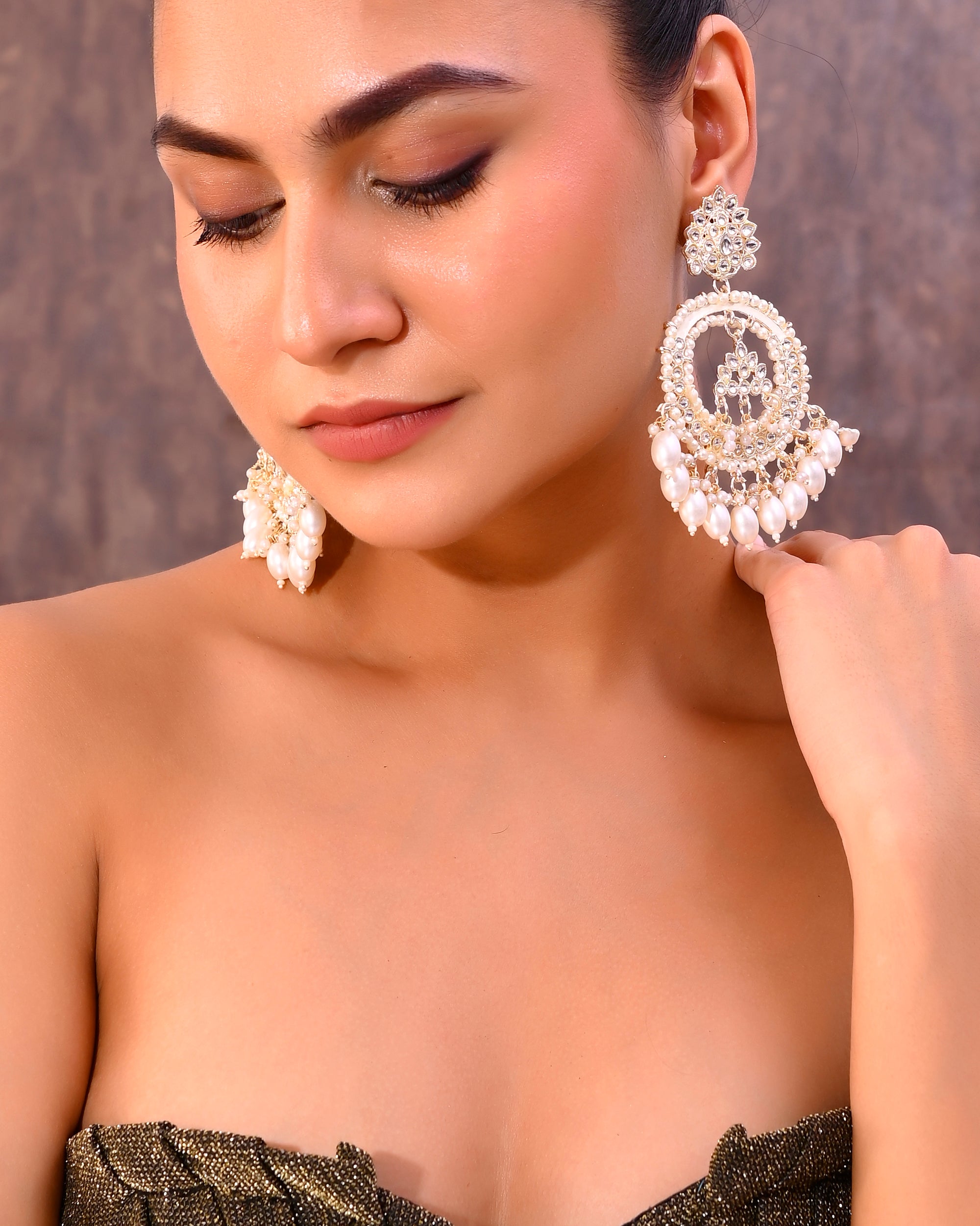 VOJ Gold-Polished Kundan Studded White ChandBali Earrings - Distacart