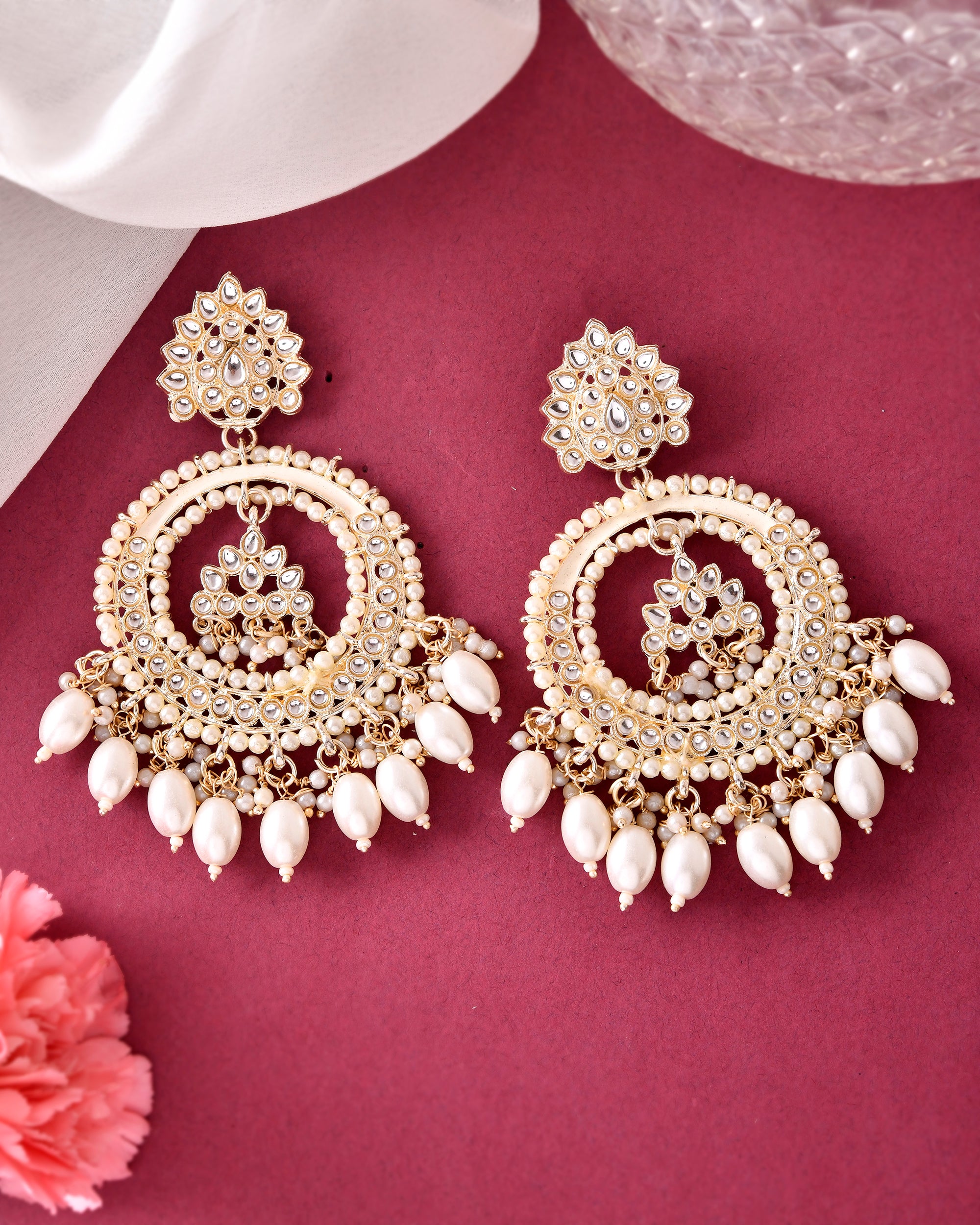 VOJ Gold-Polished Kundan Studded White ChandBali Earrings - Distacart