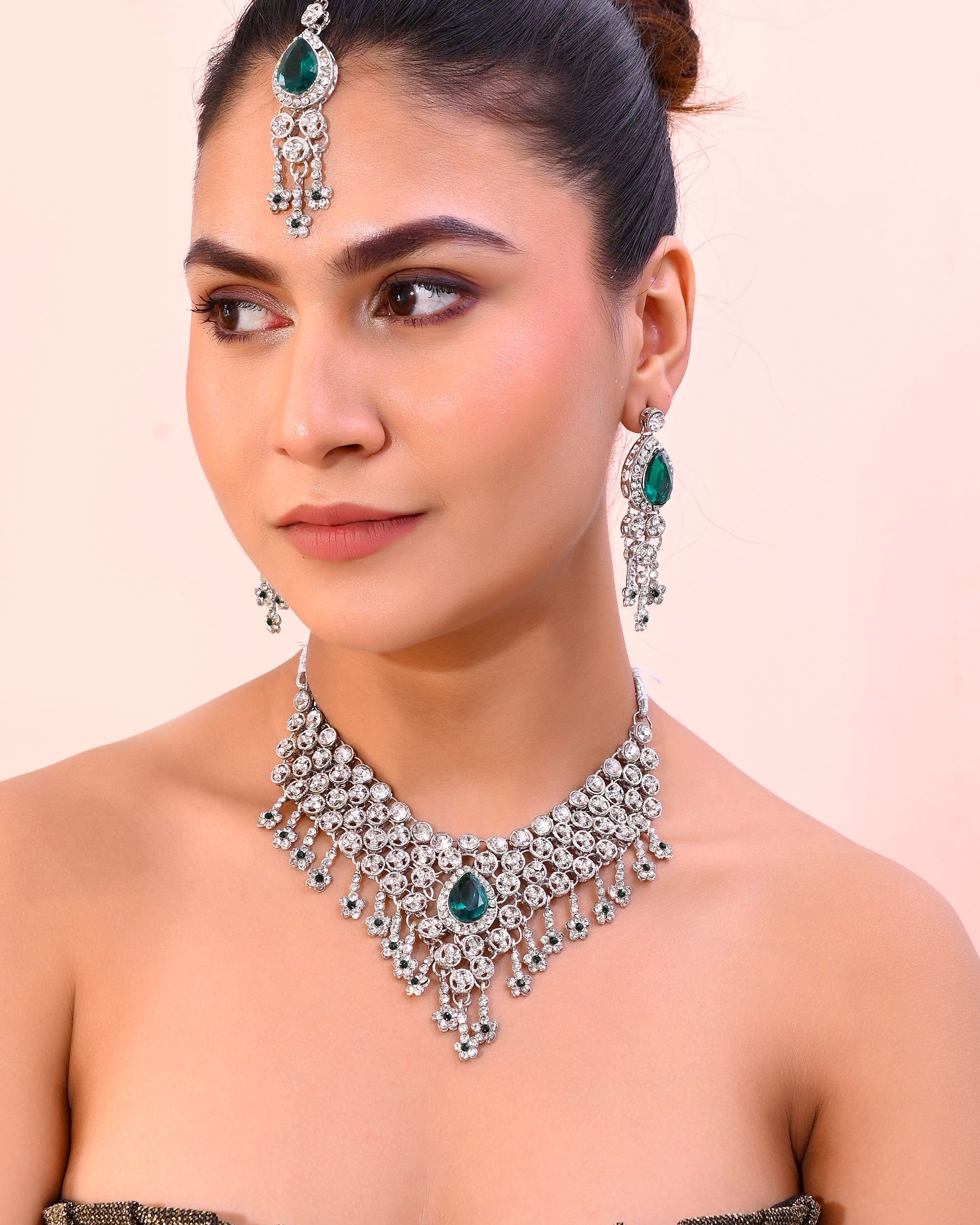 VOJ Silver Plated CZ-Stone Studded With Green Stone Choker Set With Mangtikka - Distacart