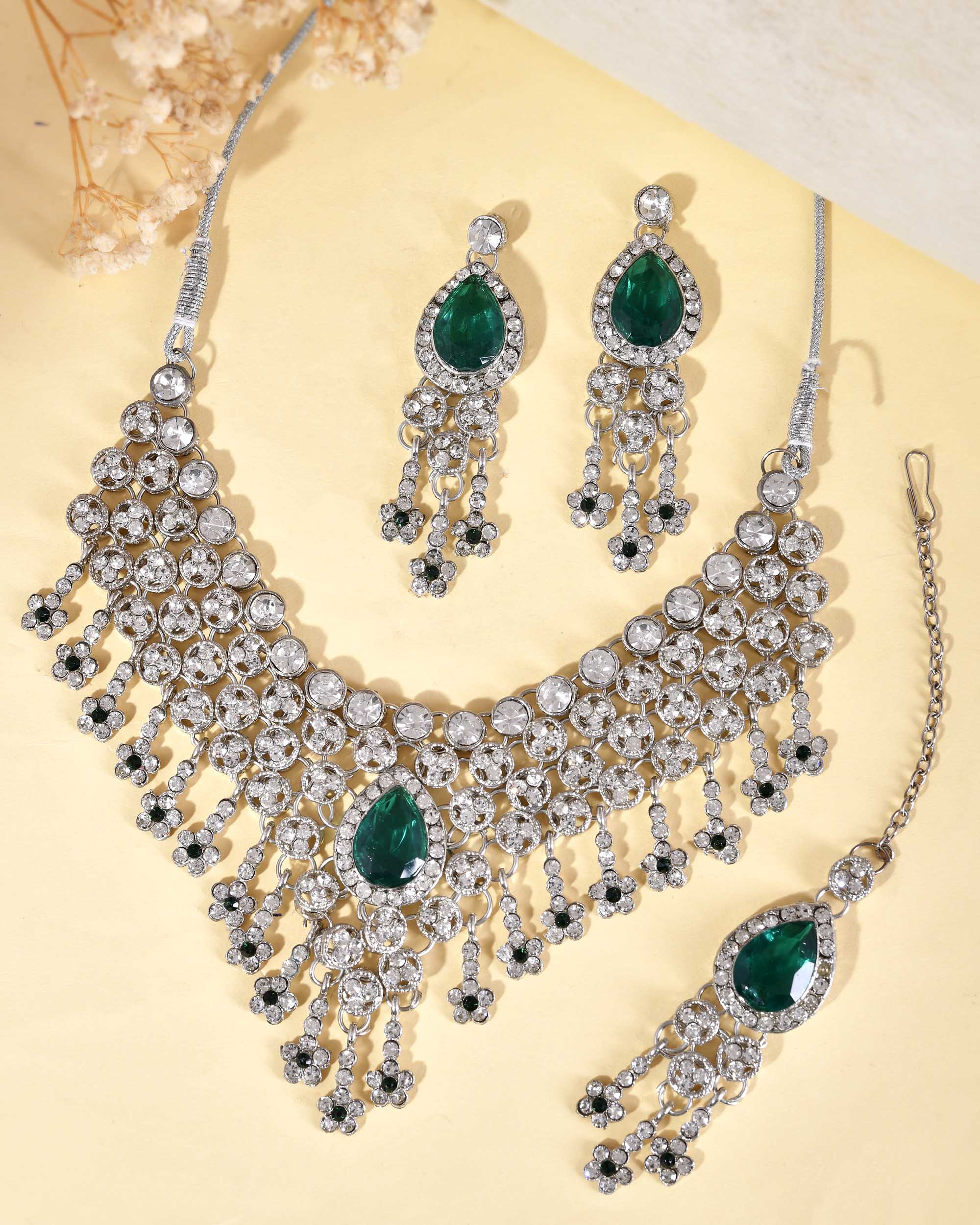VOJ Silver Plated CZ-Stone Studded With Green Stone Choker Set With Mangtikka - Distacart